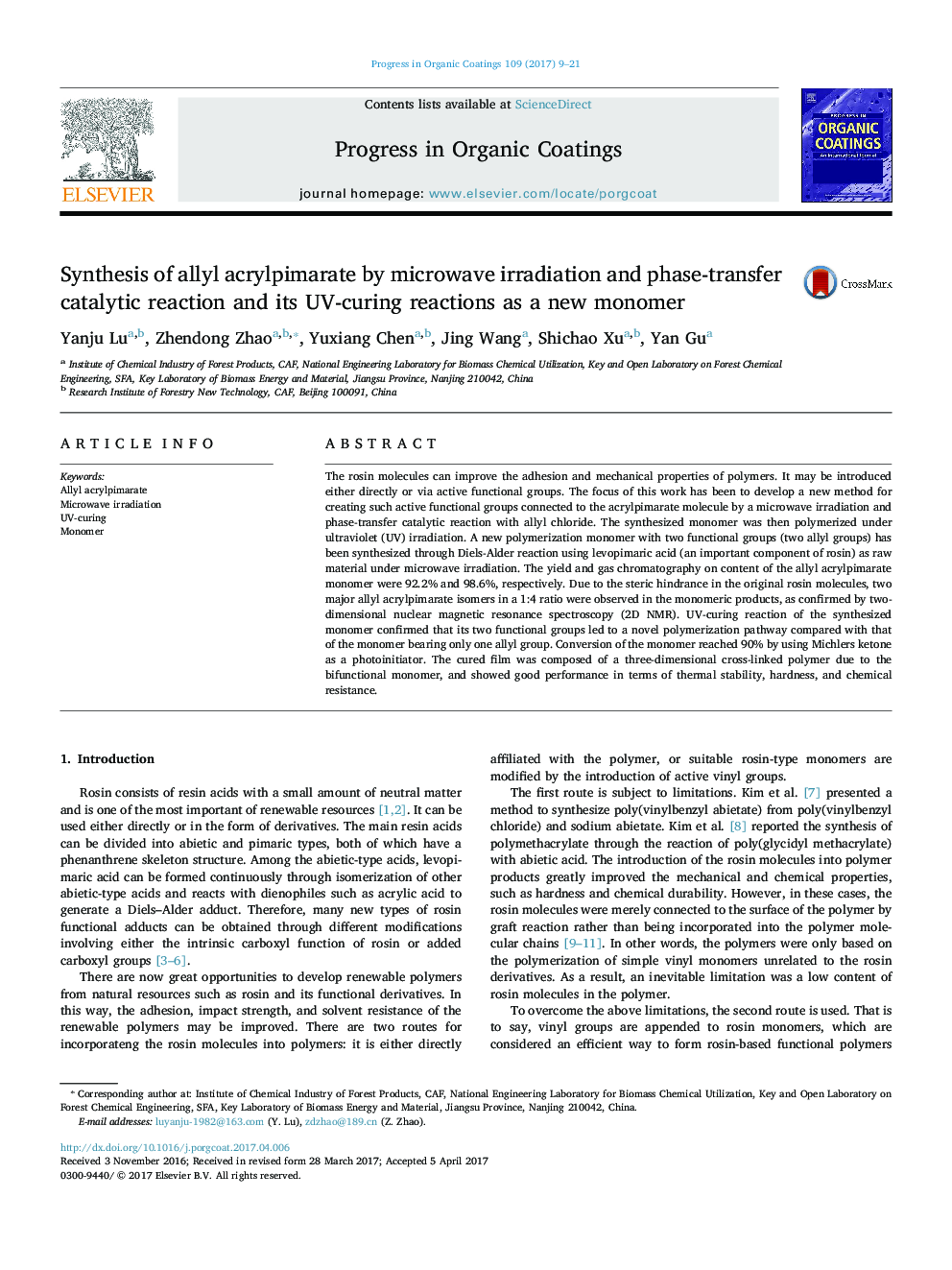 Synthesis of allyl acrylpimarate by microwave irradiation and phase-transfer catalytic reaction and its UV-curing reactions as a new monomer