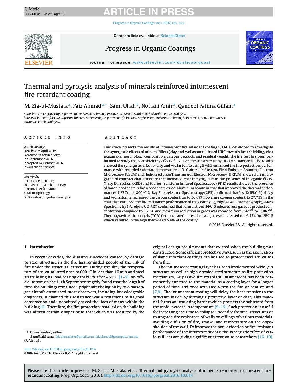 Thermal and pyrolysis analysis of minerals reinforced intumescent fire retardant coating