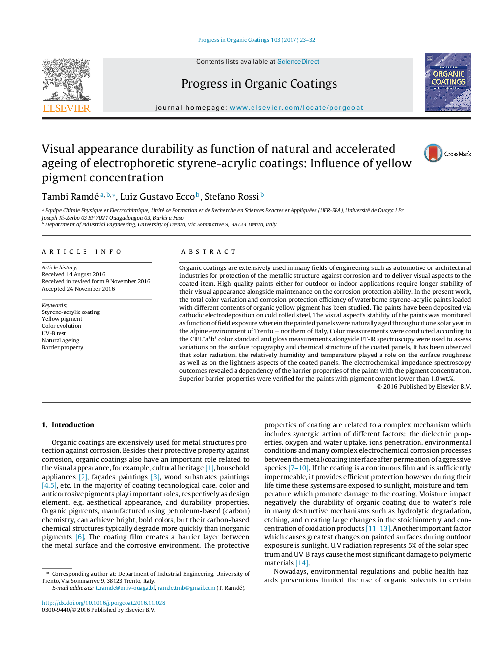 Visual appearance durability as function of natural and accelerated ageing of electrophoretic styrene-acrylic coatings: Influence of yellow pigment concentration