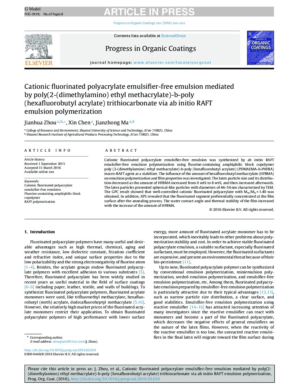 Cationic fluorinated polyacrylate emulsifier-free emulsion mediated by poly(2-(dimethylamino) ethyl methacrylate)-b-poly (hexafluorobutyl acrylate) trithiocarbonate via ab initio RAFT emulsion polymerization