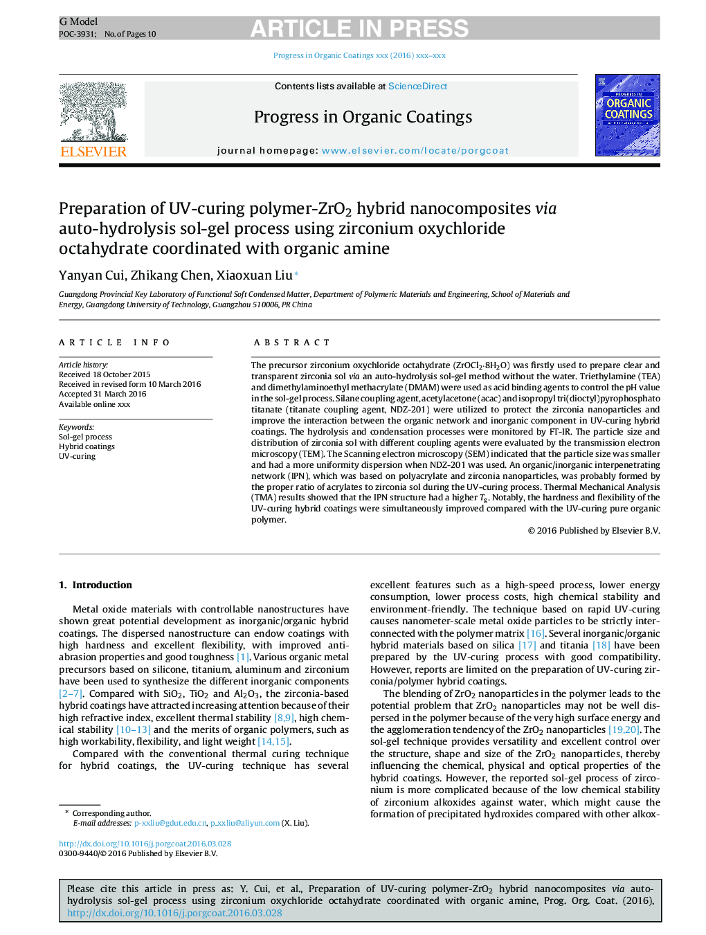 Preparation of UV-curing polymer-ZrO2 hybrid nanocomposites via auto-hydrolysis sol-gel process using zirconium oxychloride octahydrate coordinated with organic amine