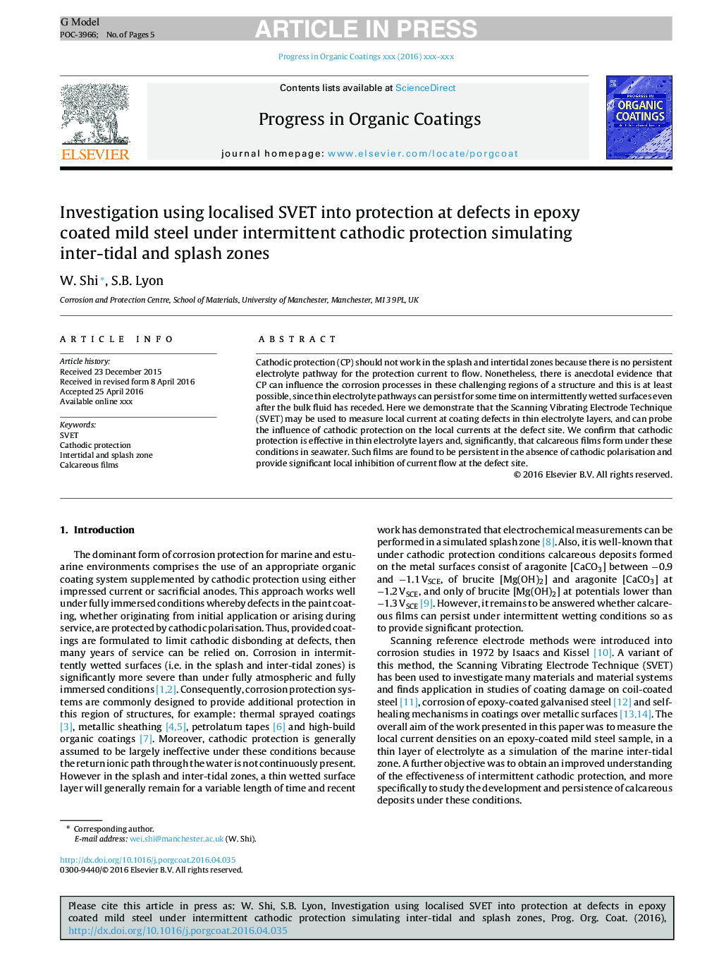 Investigation using localised SVET into protection at defects in epoxy coated mild steel under intermittent cathodic protection simulating inter-tidal and splash zones