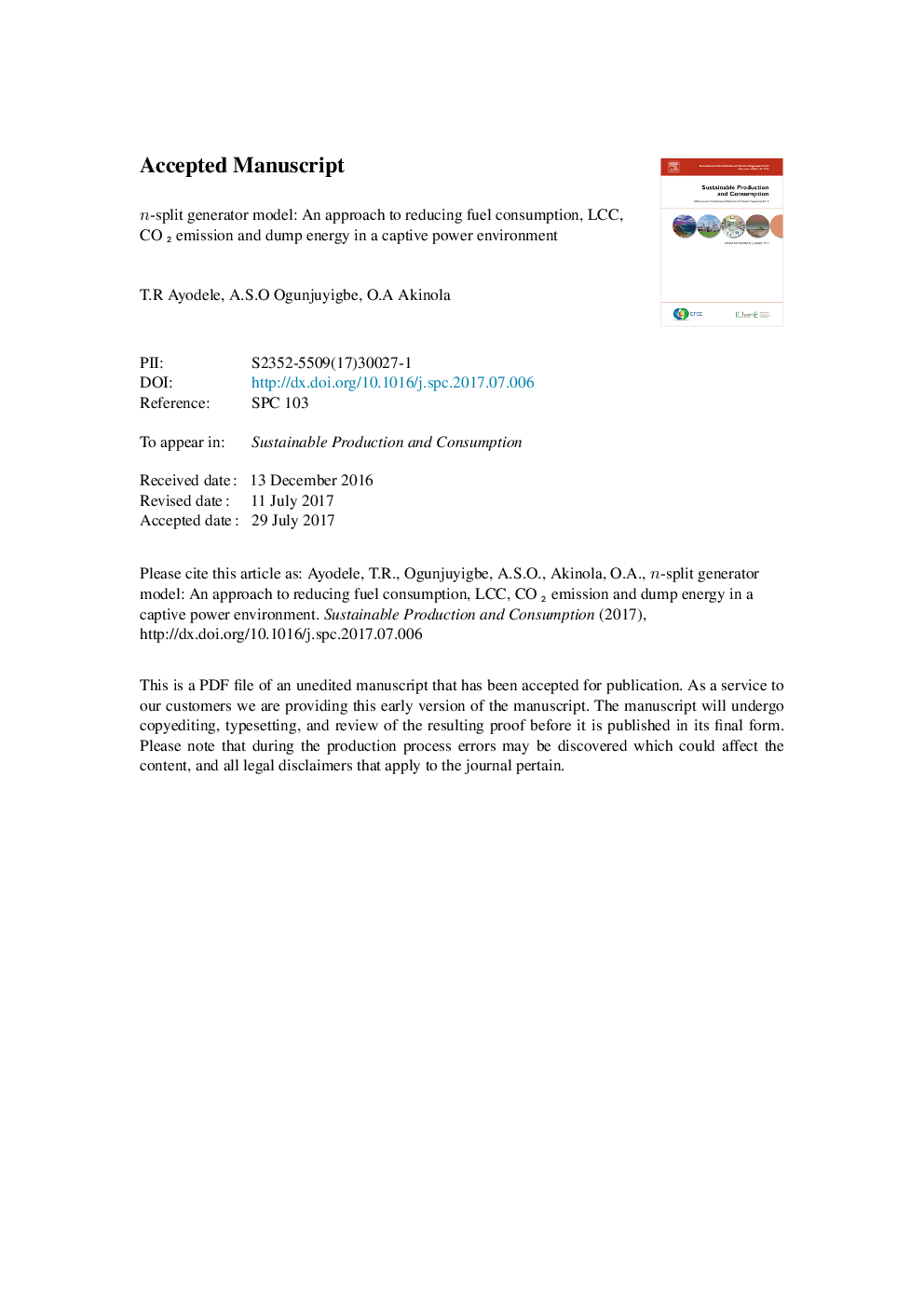 n-split generator model: An approach to reducing fuel consumption, LCC, CO2 emission and dump energy in a captive power environment