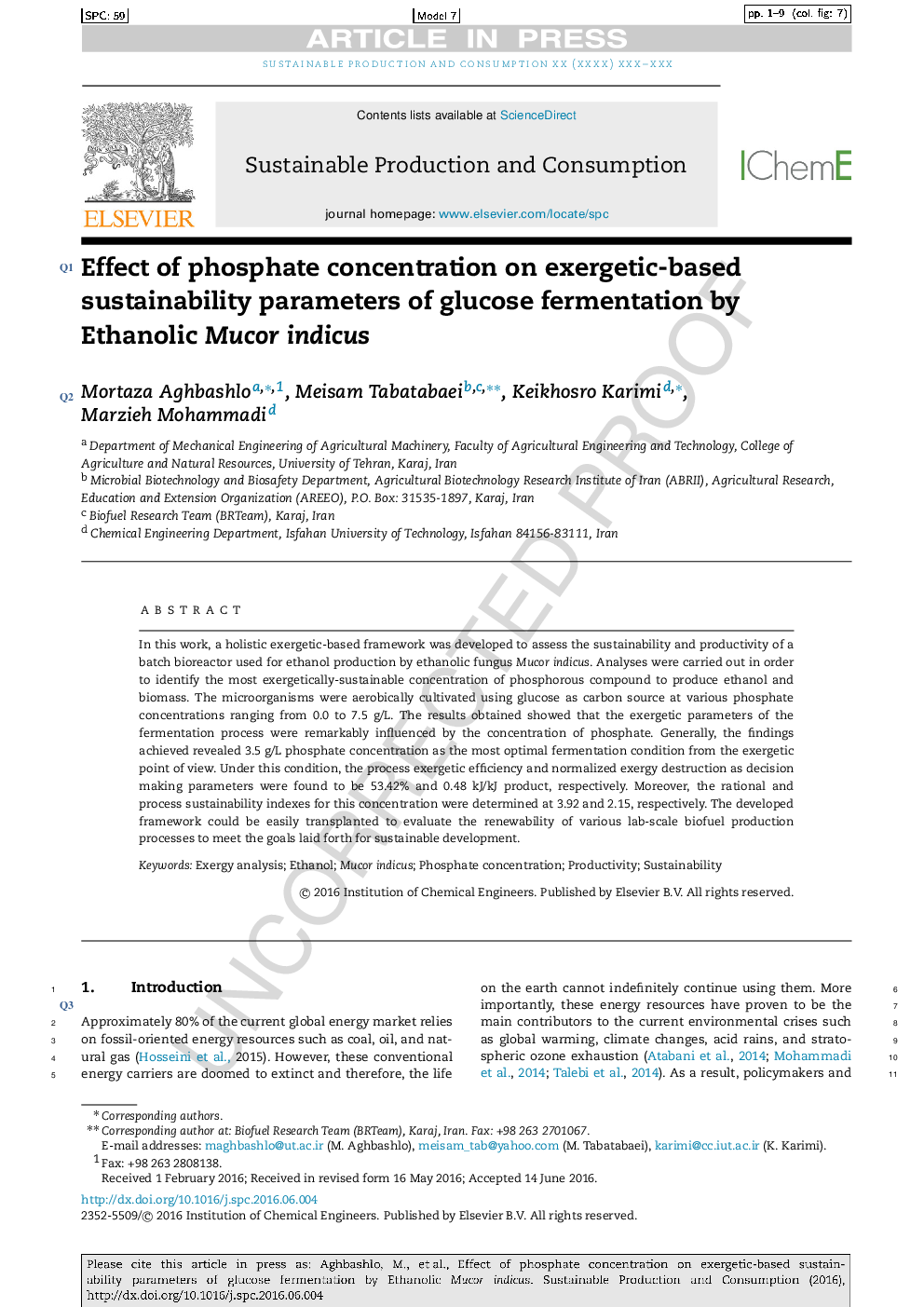 Effect of phosphate concentration on exergetic-based sustainability parameters of glucose fermentation by Ethanolic Mucor indicus