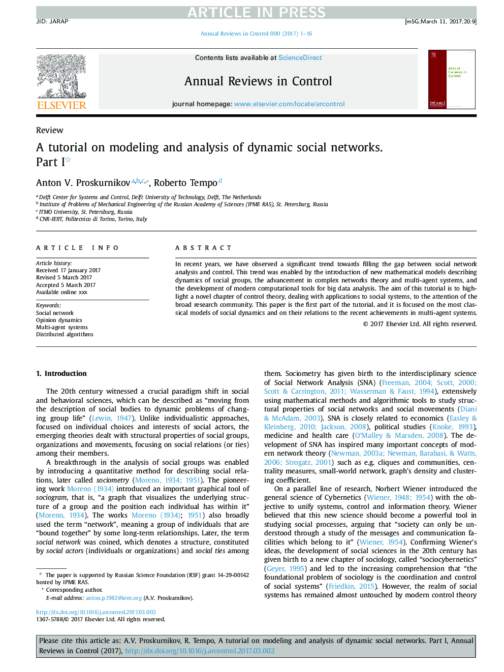 A tutorial on modeling and analysis of dynamic social networks. Part I