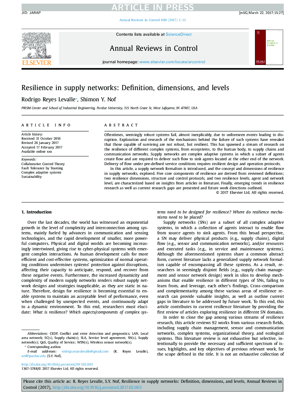 Resilience in supply networks: Definition, dimensions, and levels