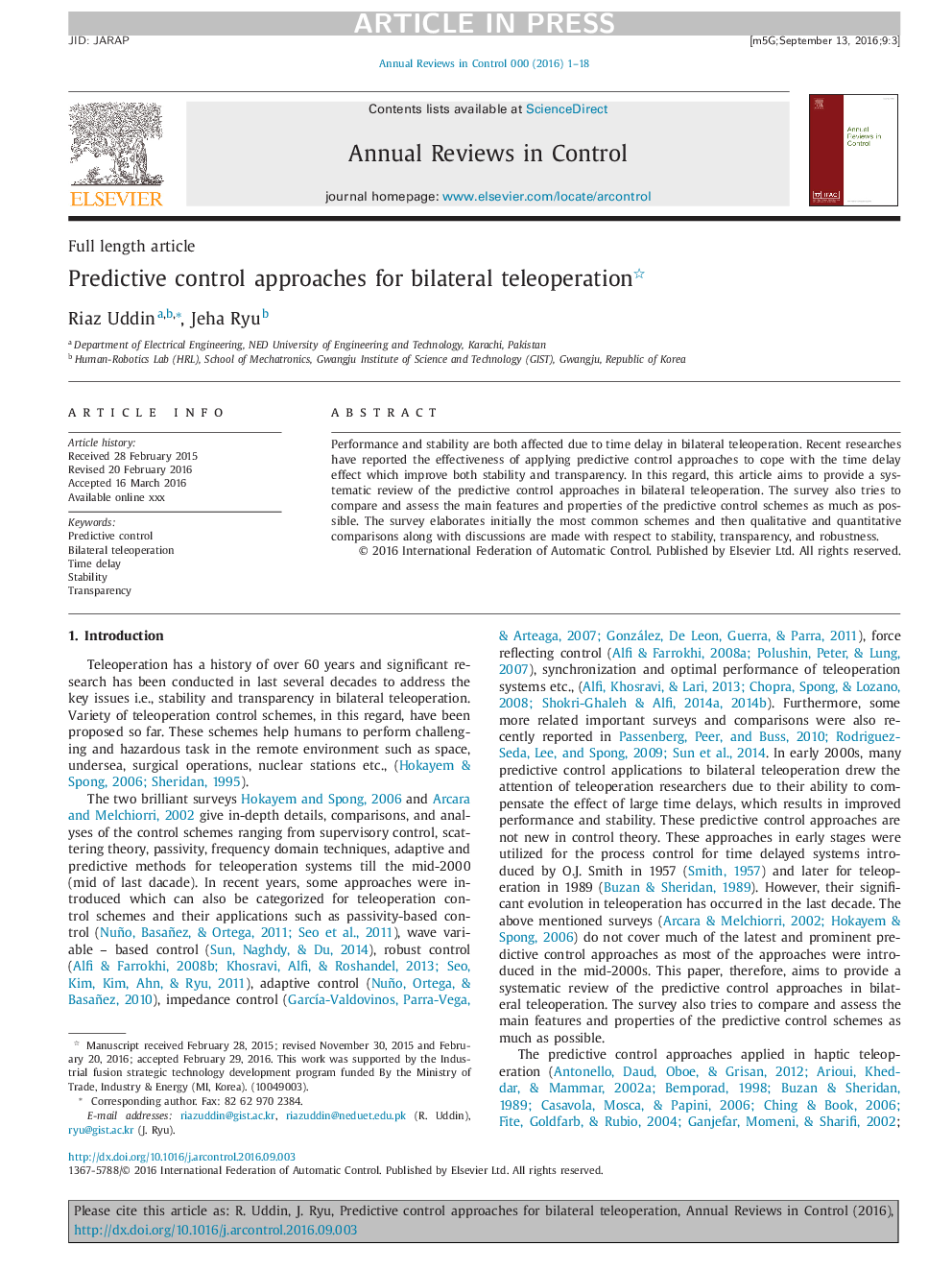 Predictive control approaches for bilateral teleoperation