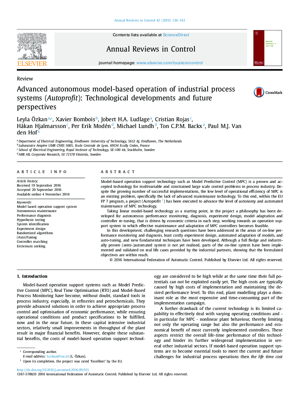 Advanced autonomous model-based operation of industrial process systems (Autoprofit): Technological developments and future perspectives