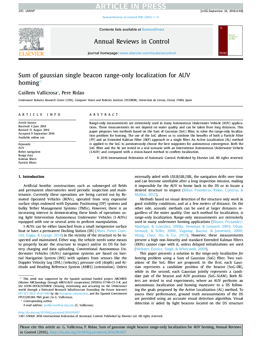 Sum of gaussian single beacon range-only localization for AUV homing