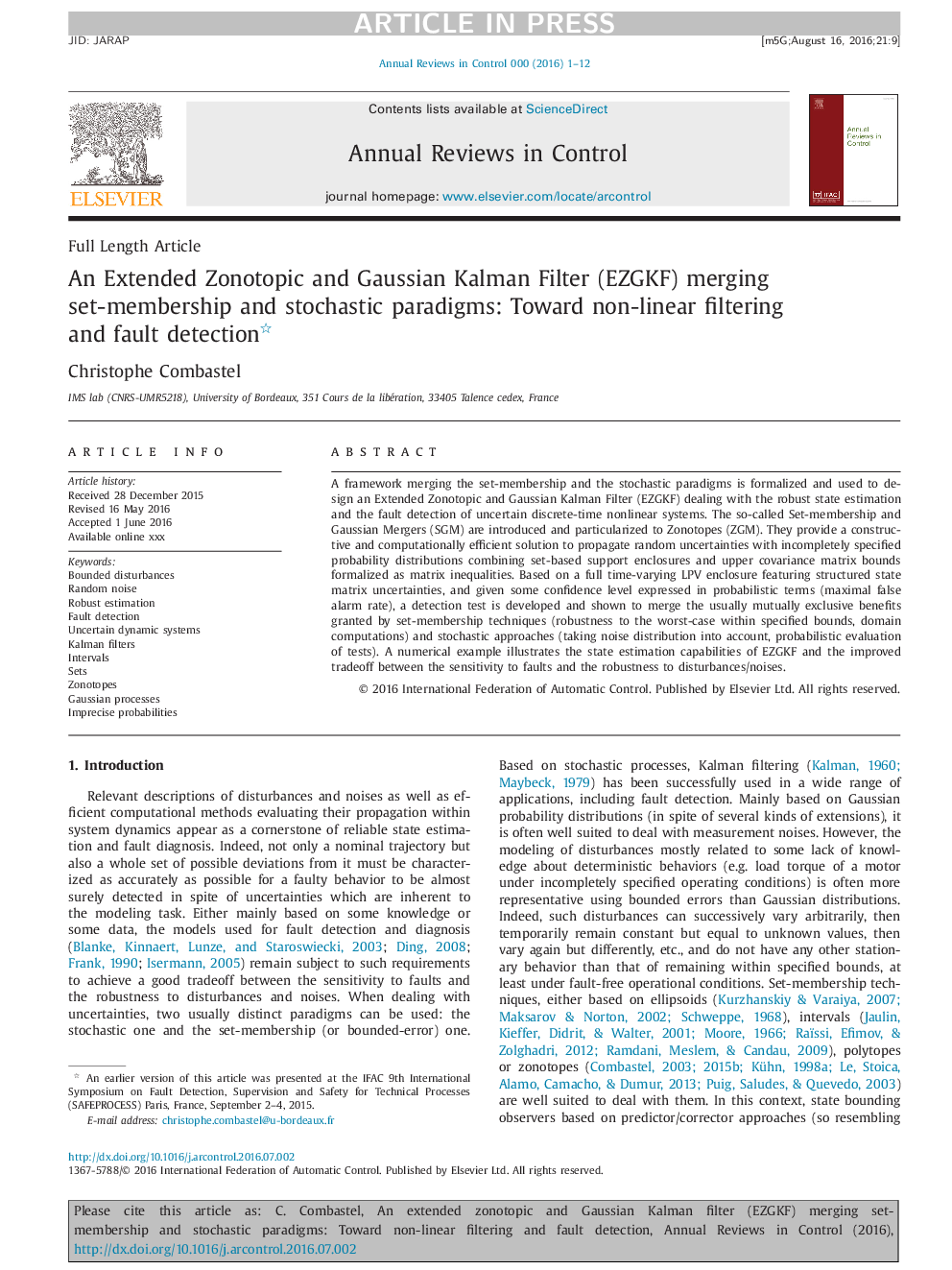 An Extended Zonotopic and Gaussian Kalman Filter (EZGKF) merging set-membership and stochastic paradigms: Toward non-linear filtering and fault detection