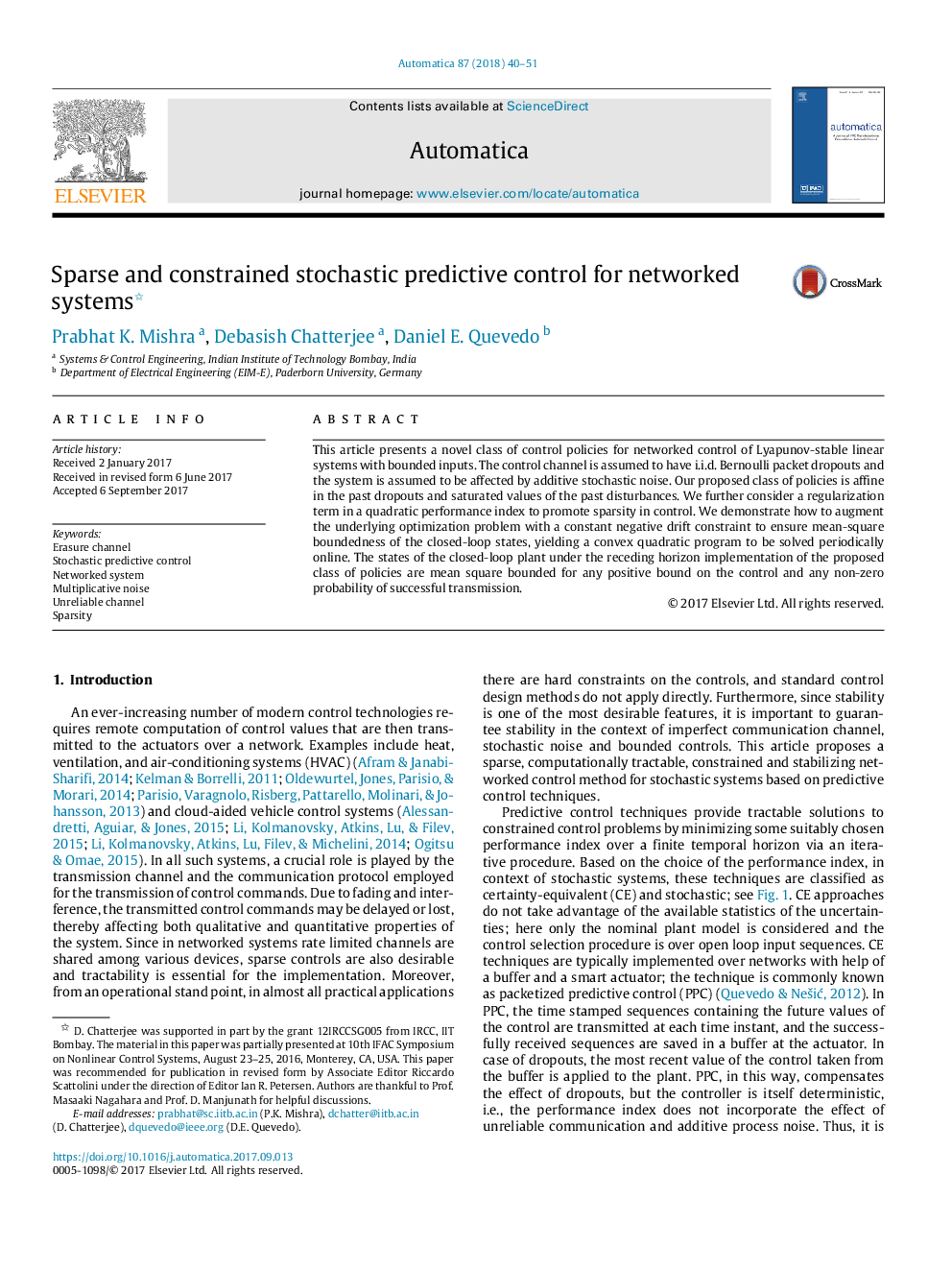 Sparse and constrained stochastic predictive control for networked systems