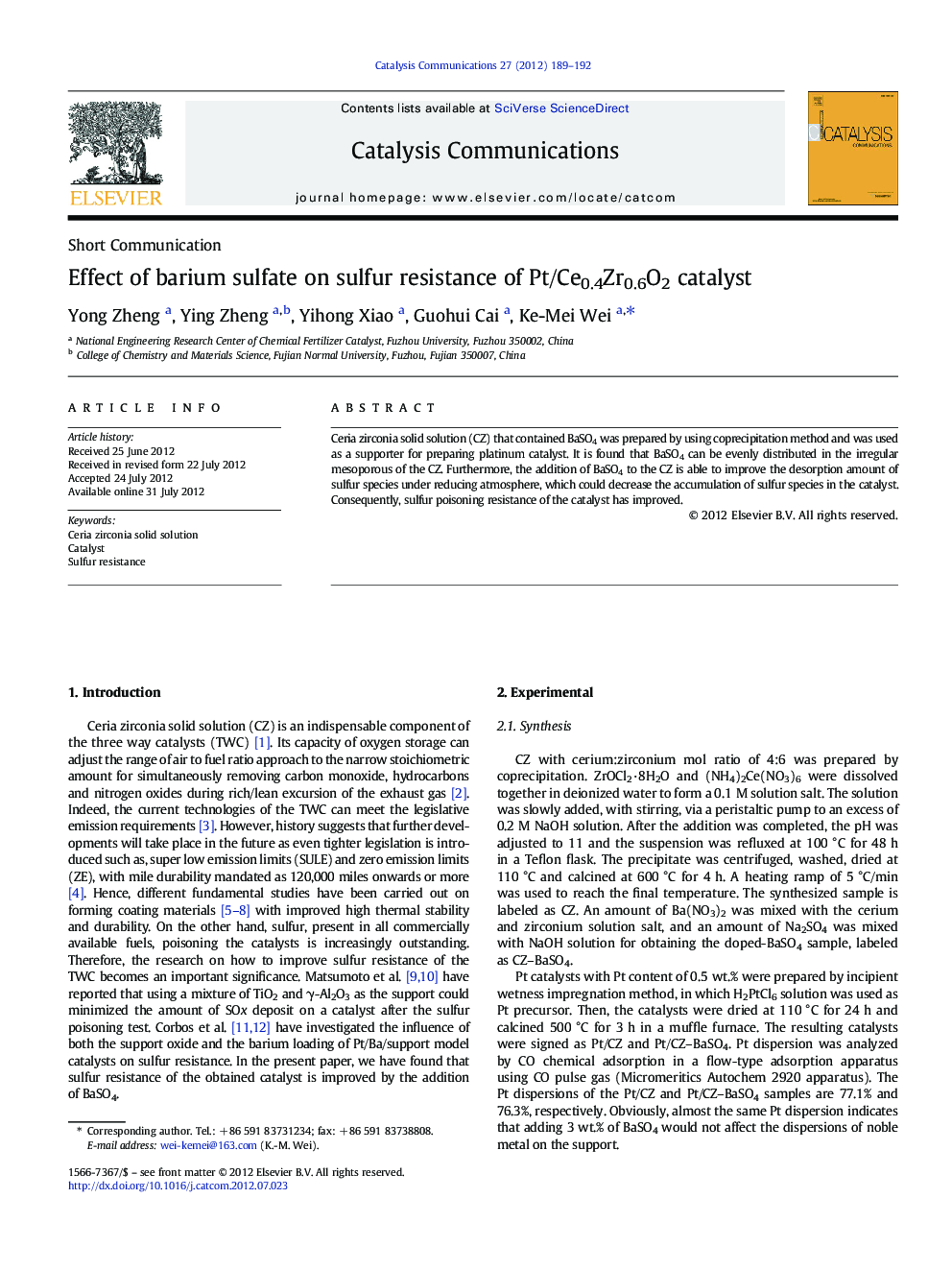 Effect of barium sulfate on sulfur resistance of Pt/Ce0.4Zr0.6O2 catalyst