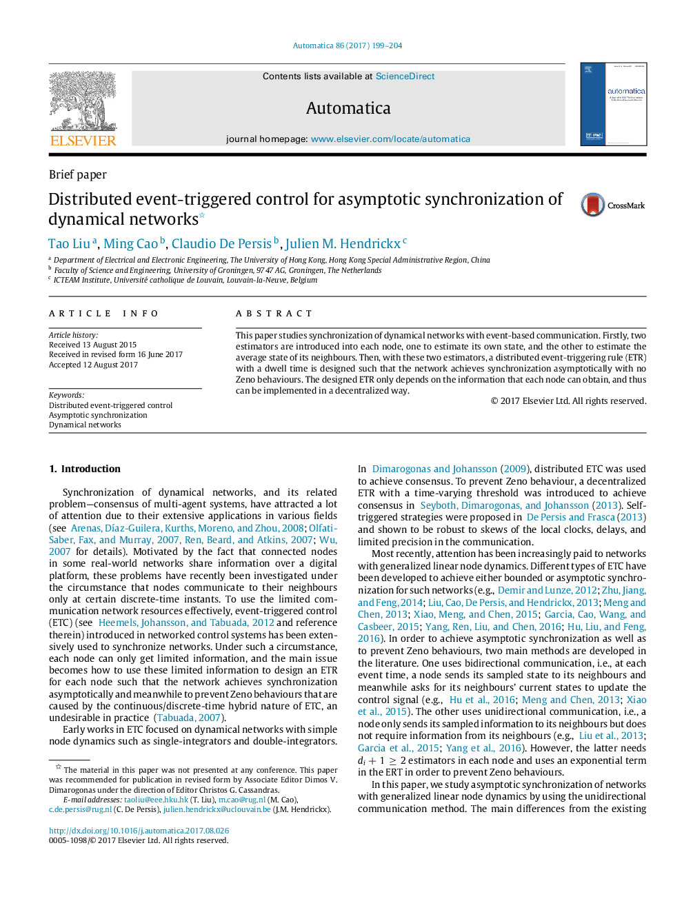 Distributed event-triggered control for asymptotic synchronization of dynamical networks