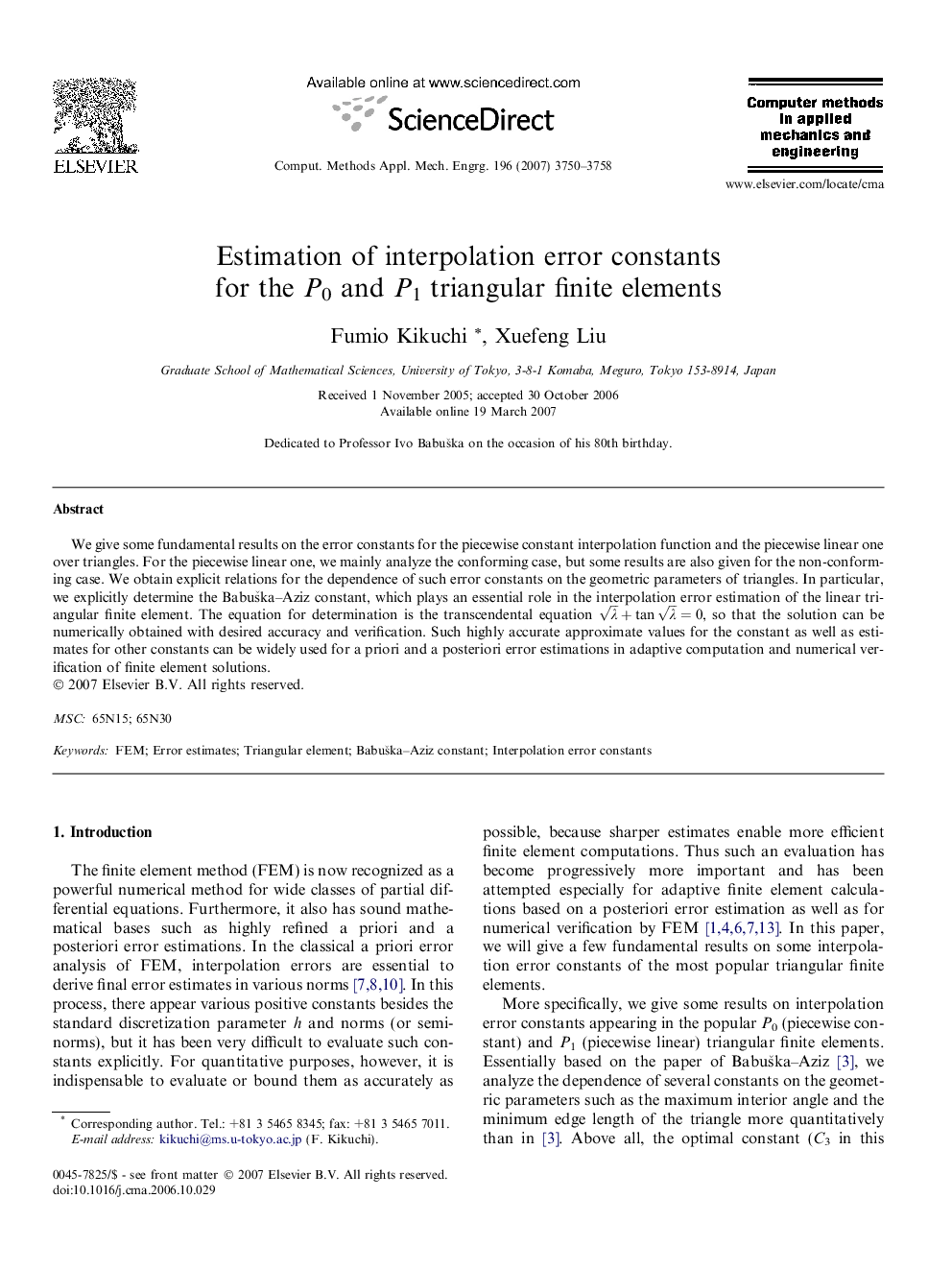 Estimation of interpolation error constants for the P0 and P1 triangular finite elements