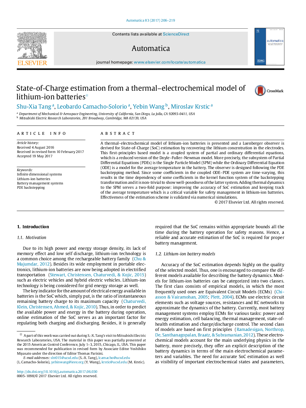 State-of-Charge estimation from a thermal-electrochemical model of lithium-ion batteries