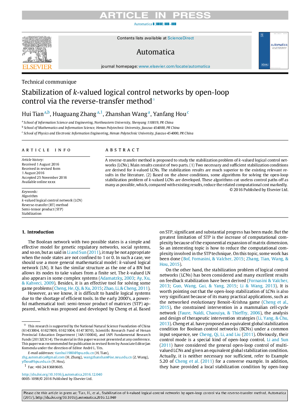 Stabilization of k-valued logical control networks by open-loop control via the reverse-transfer method