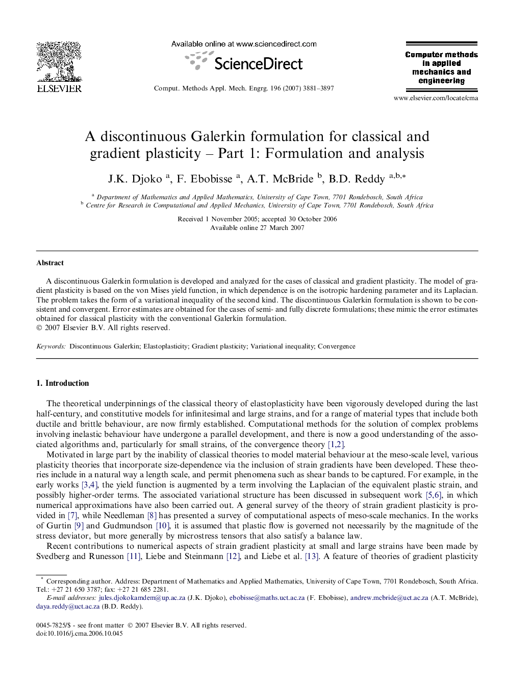 A discontinuous Galerkin formulation for classical and gradient plasticity – Part 1: Formulation and analysis