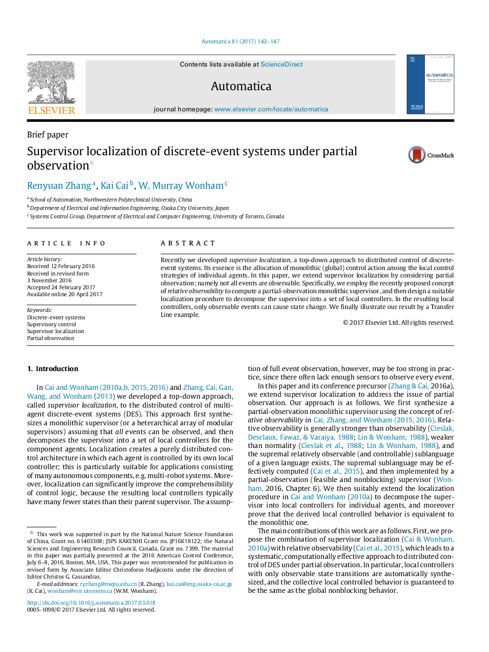 Supervisor localization of discrete-event systems under partial observation