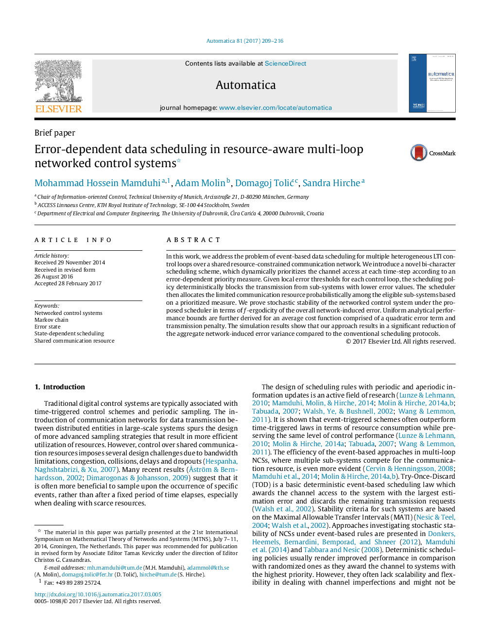 Error-dependent data scheduling in resource-aware multi-loop networked control systems