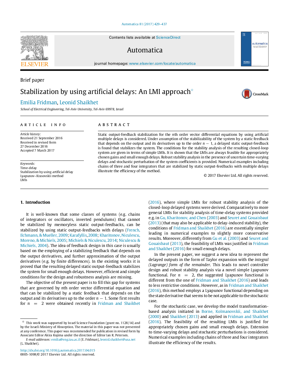 Stabilization by using artificial delays: An LMI approach