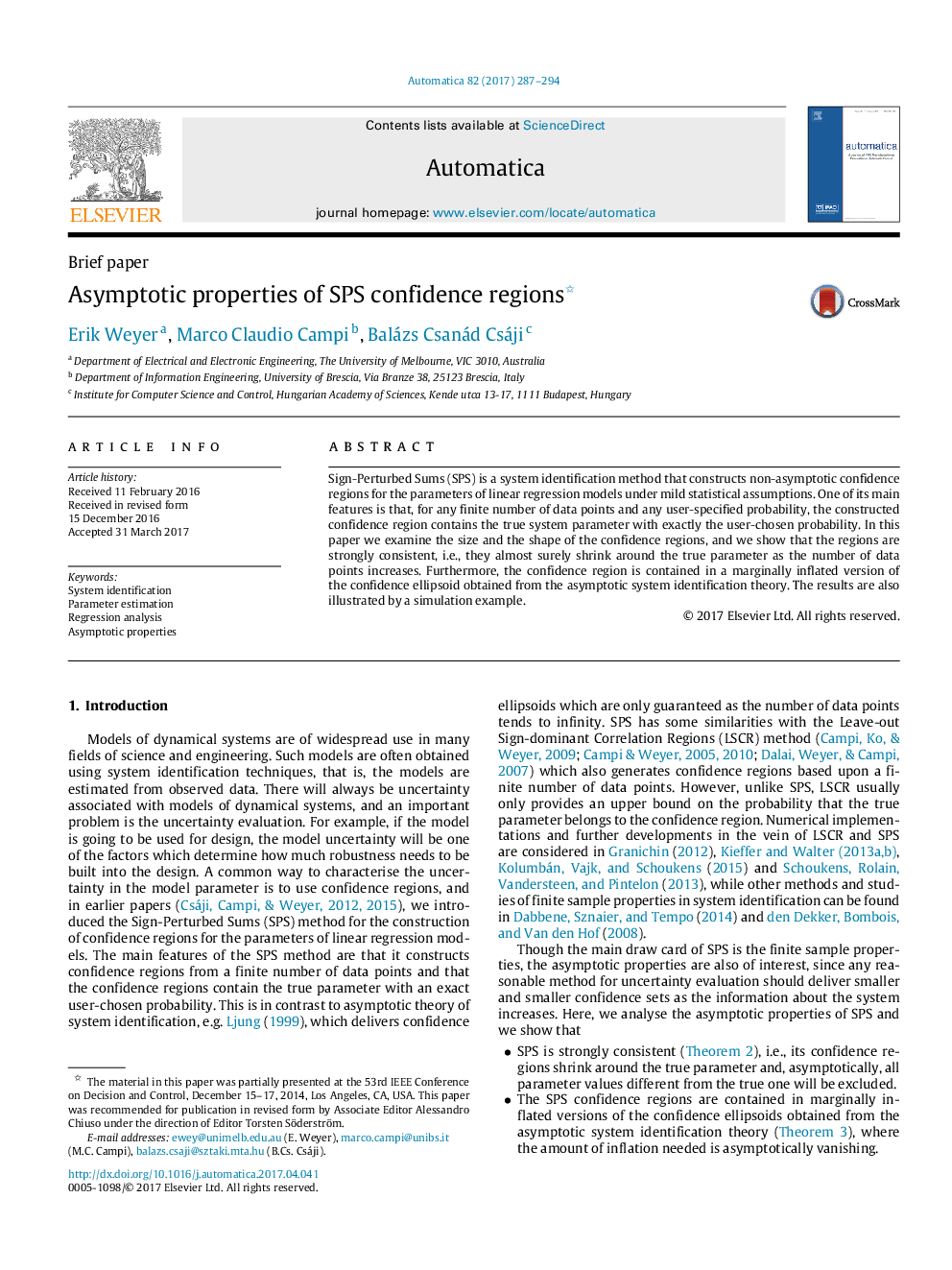 Asymptotic properties of SPS confidence regions