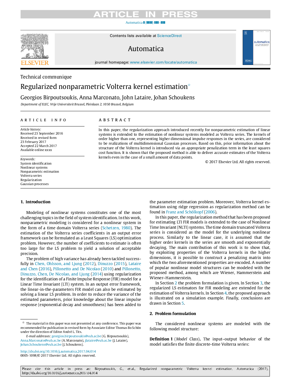 Regularized nonparametric Volterra kernel estimation