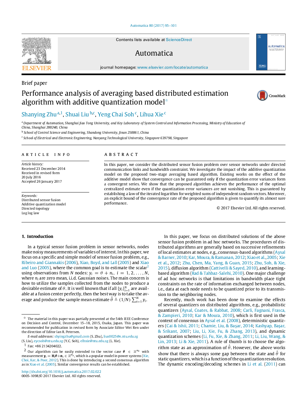 Performance analysis of averaging based distributed estimation algorithm with additive quantization model