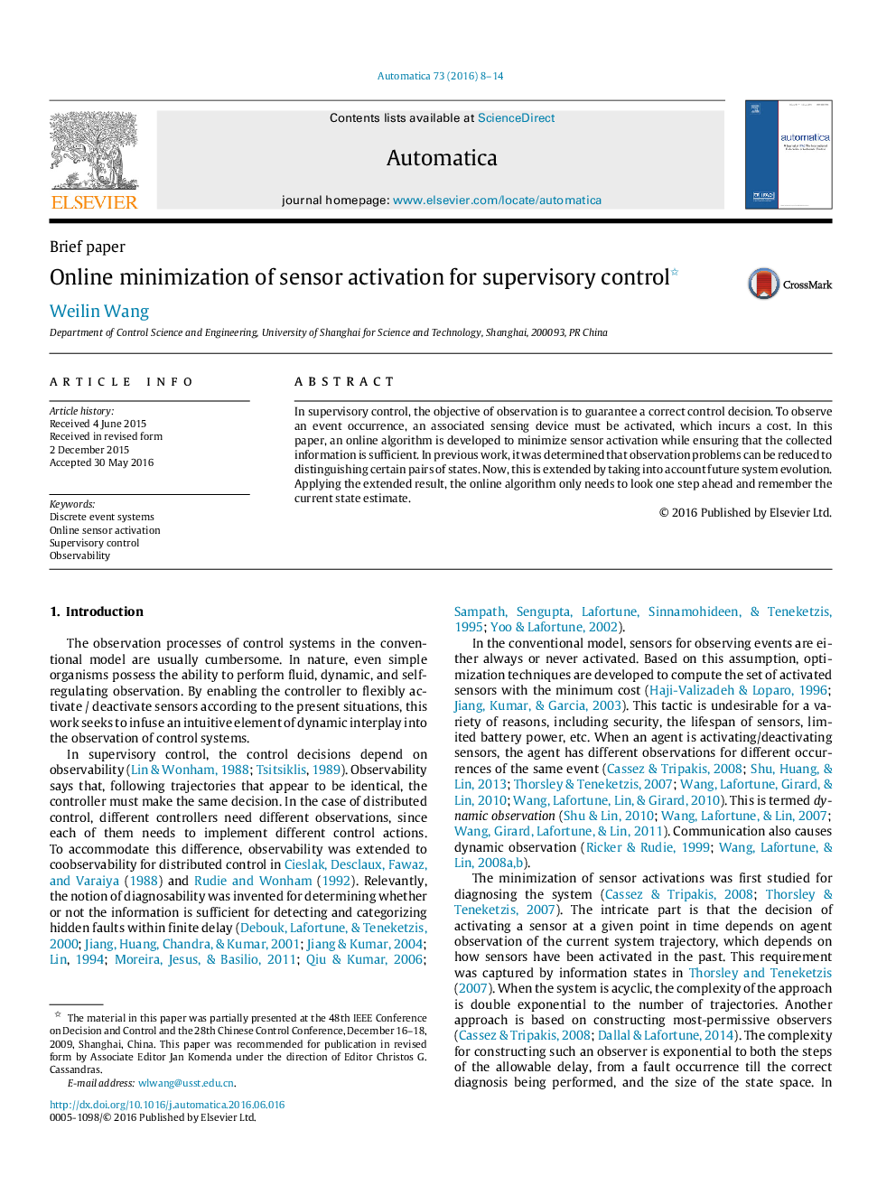 Online minimization of sensor activation for supervisory control 