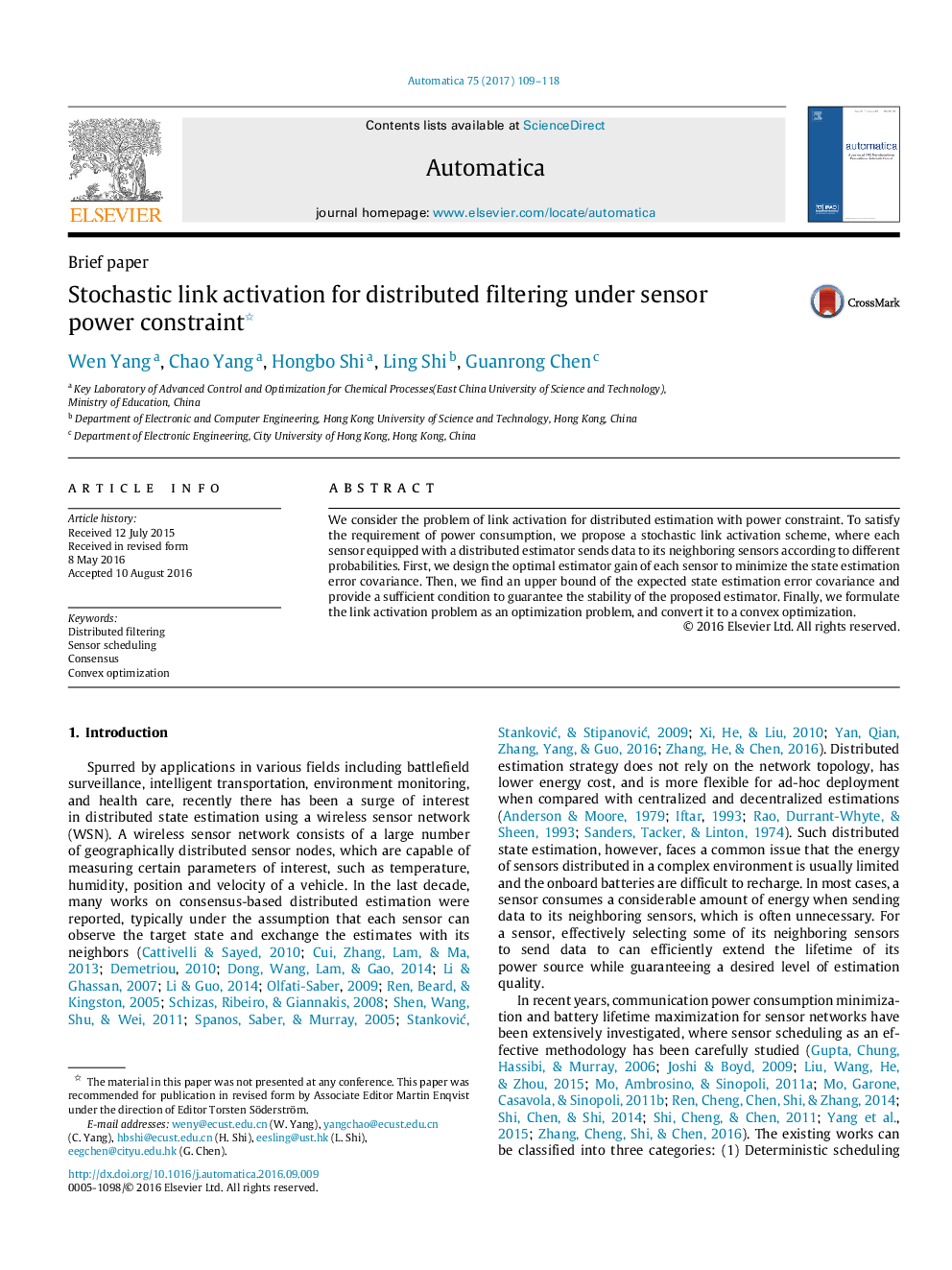 Stochastic link activation for distributed filtering under sensor power constraint