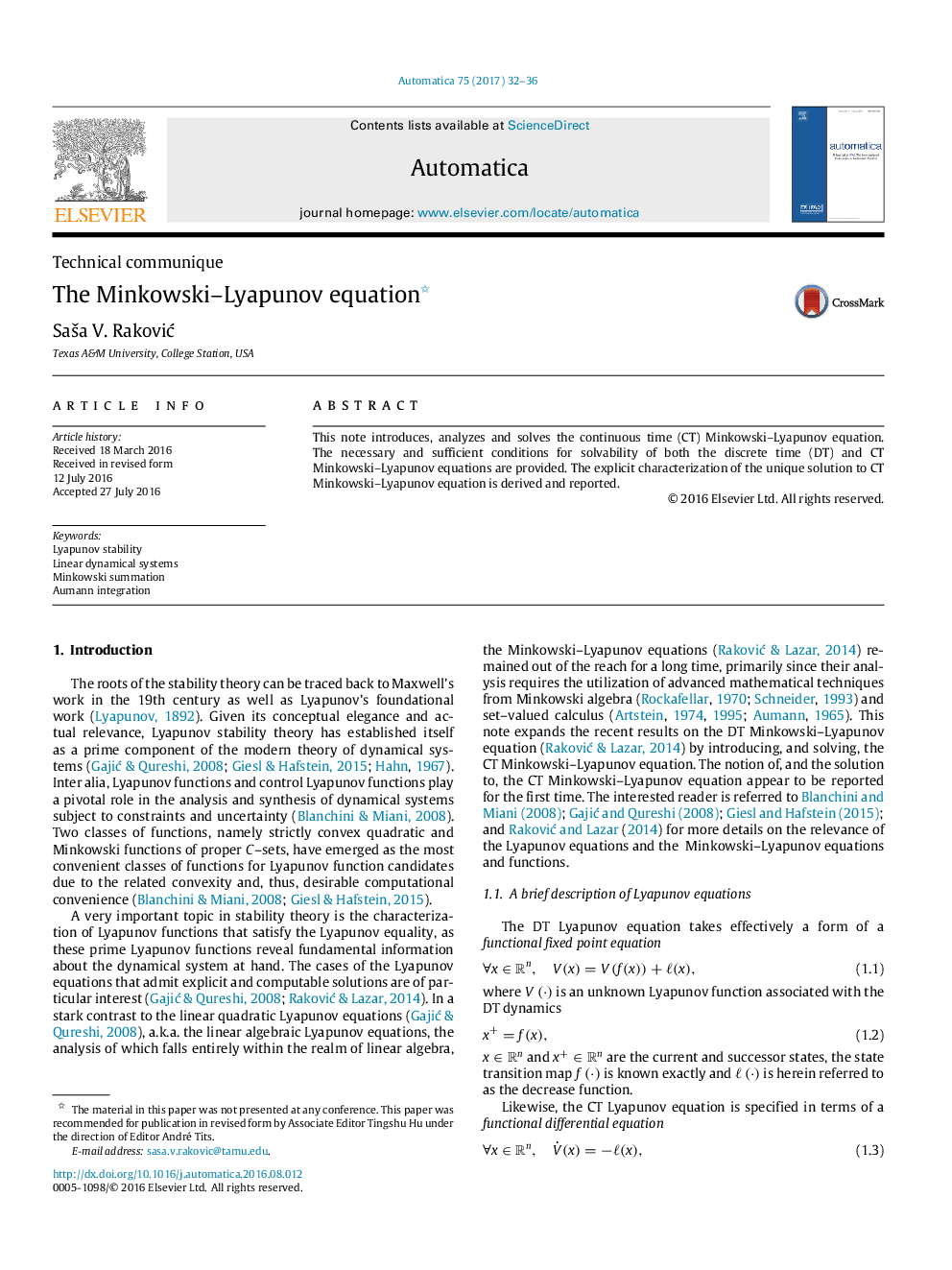 The Minkowski-Lyapunov equation