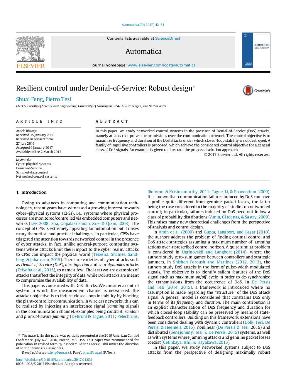 Resilient control under Denial-of-Service: Robust design