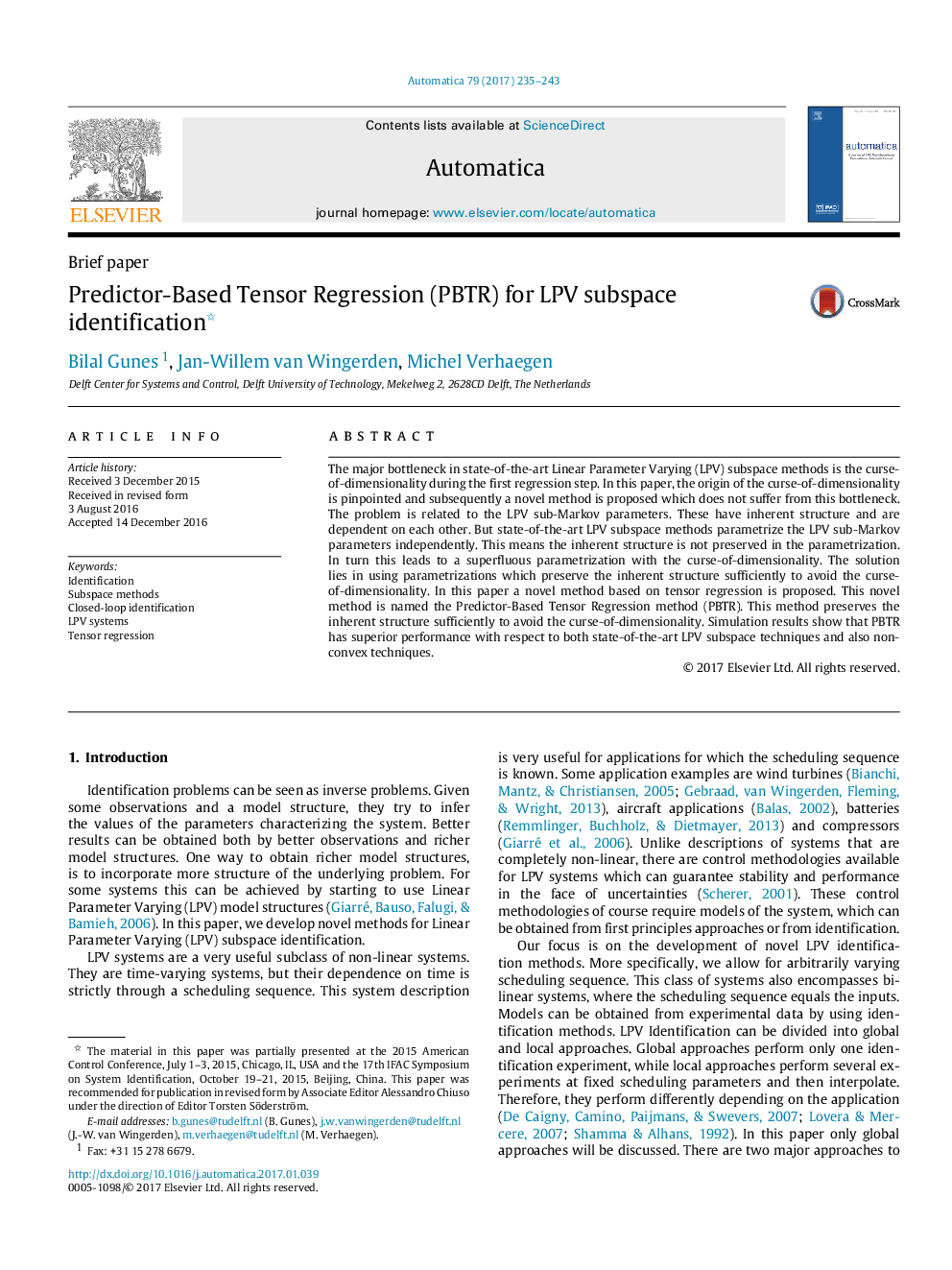 Predictor-Based Tensor Regression (PBTR) for LPV subspace identification