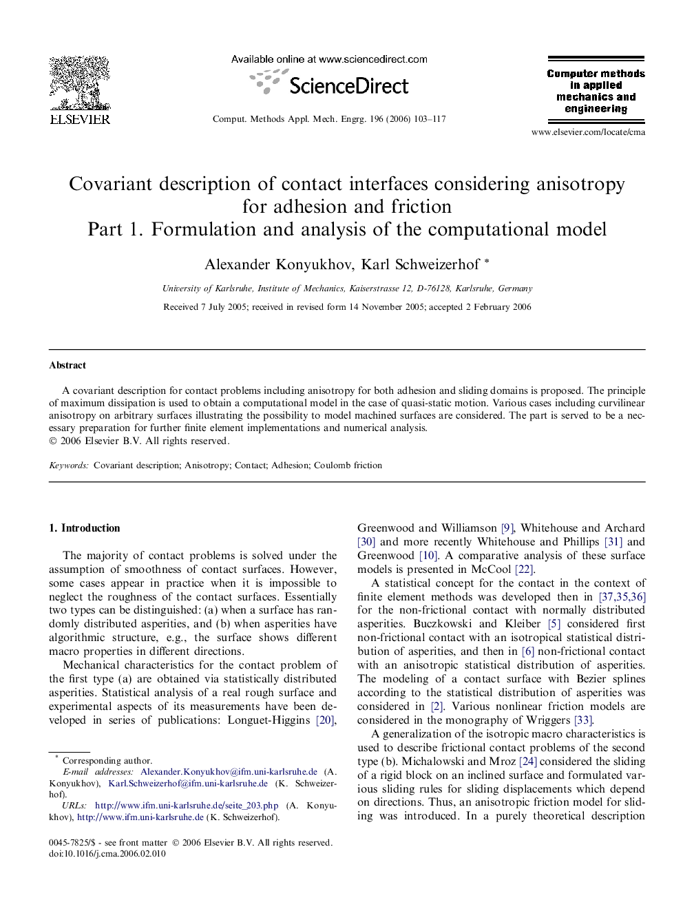 Covariant description of contact interfaces considering anisotropy for adhesion and friction: Part 1. Formulation and analysis of the computational model