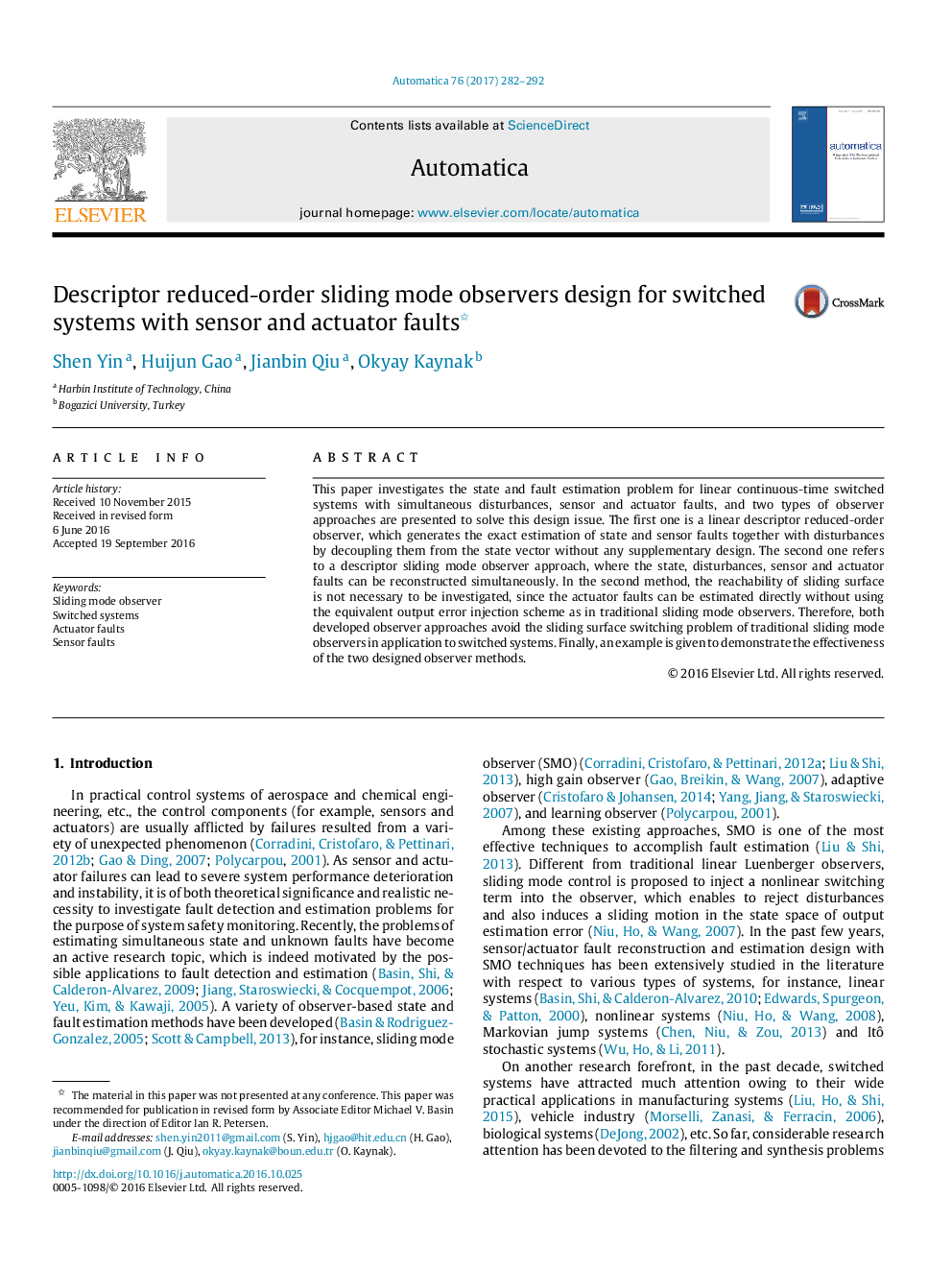 Descriptor reduced-order sliding mode observers design for switched systems with sensor and actuator faults