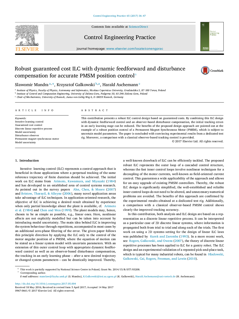 عکس صفحه اول مقاله: Robust guaranteed cost ILC with dynamic feedforward and disturbance compensation for accurate PMSM position control Robust guaranteed cost ILC with dynamic feedforward and disturbance compensation for accurate PMSM position control