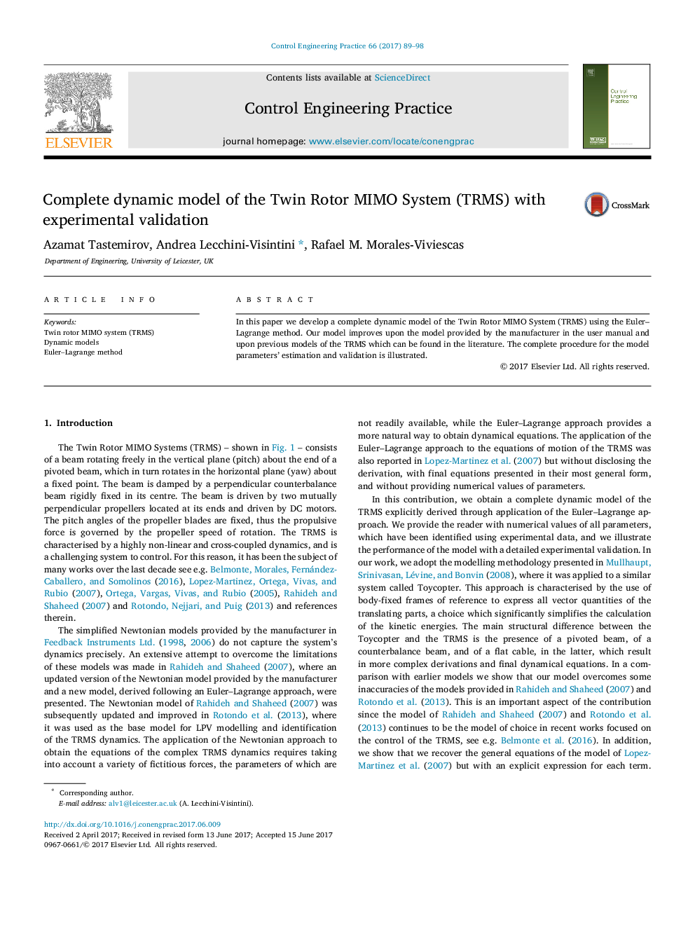 Complete dynamic model of the Twin Rotor MIMO System (TRMS) with experimental validation