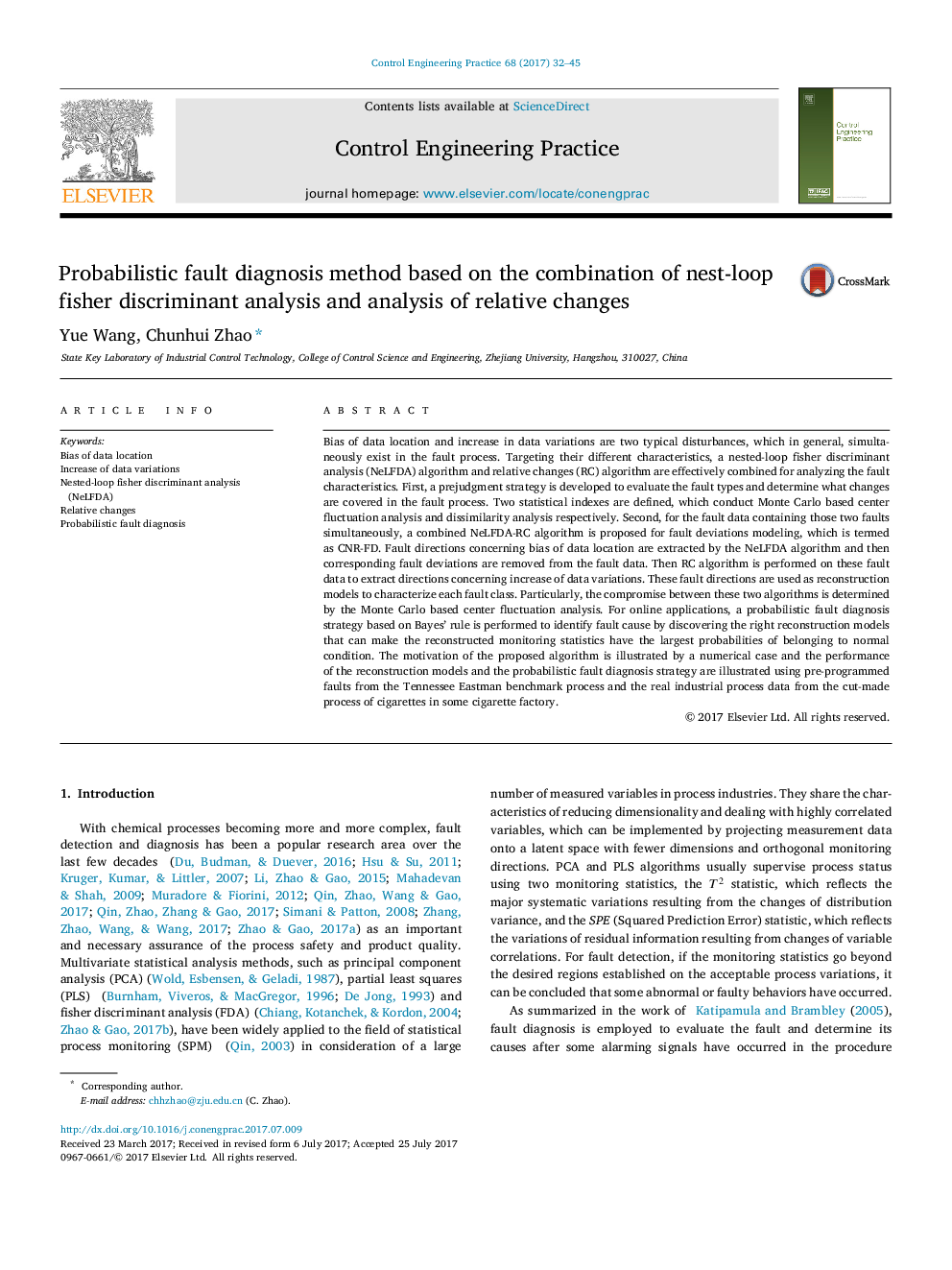 Probabilistic fault diagnosis method based on the combination of nest-loop fisher discriminant analysis and analysis of relative changes