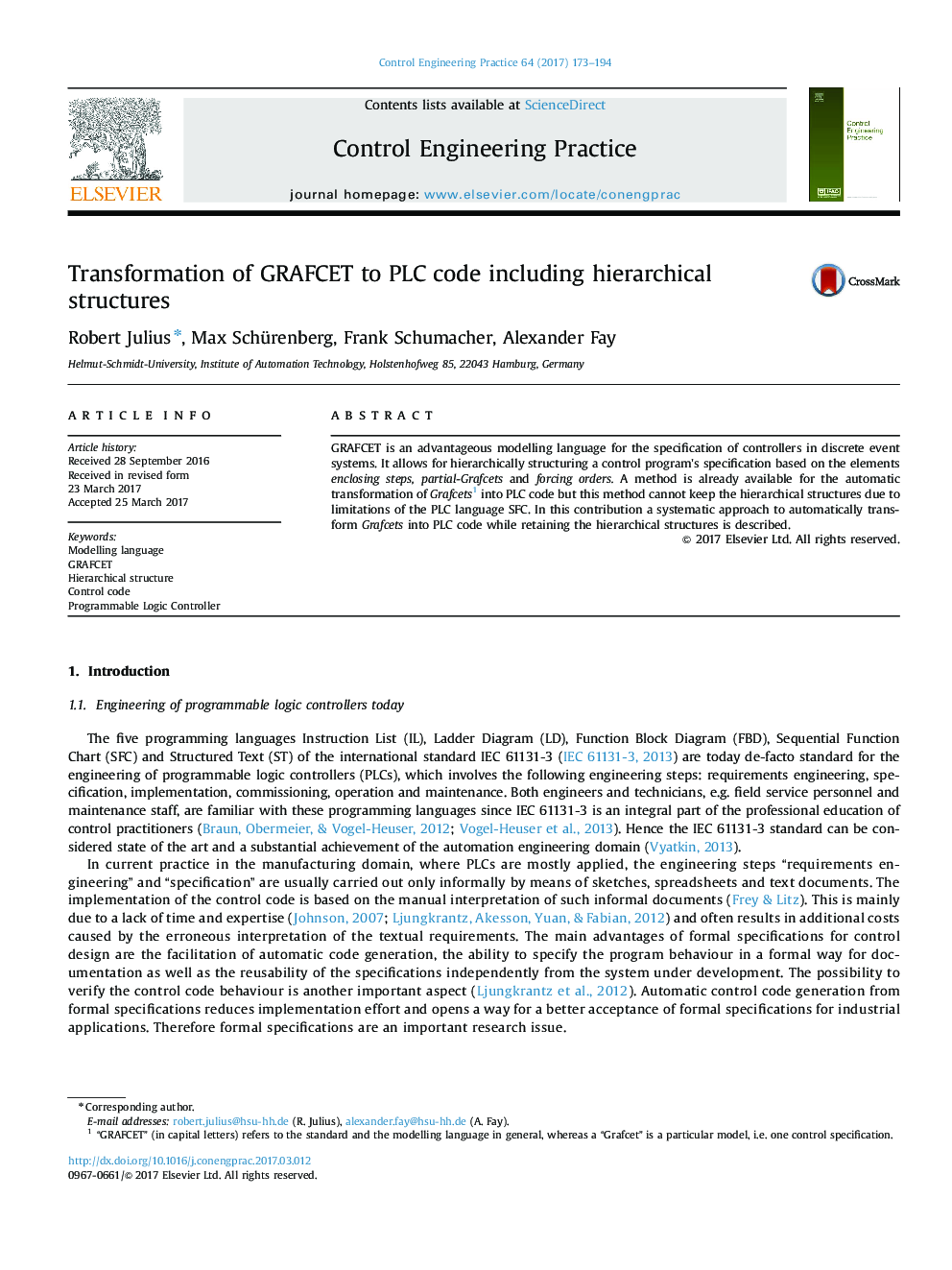 Transformation of GRAFCET to PLC code including hierarchical structures