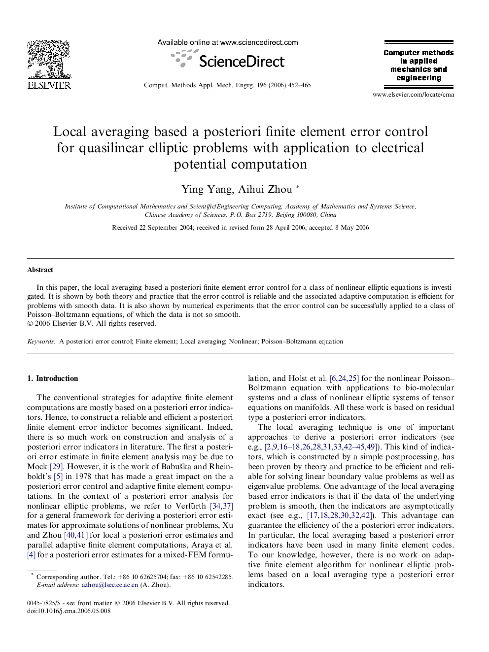 Local averaging based a posteriori finite element error control for quasilinear elliptic problems with application to electrical potential computation