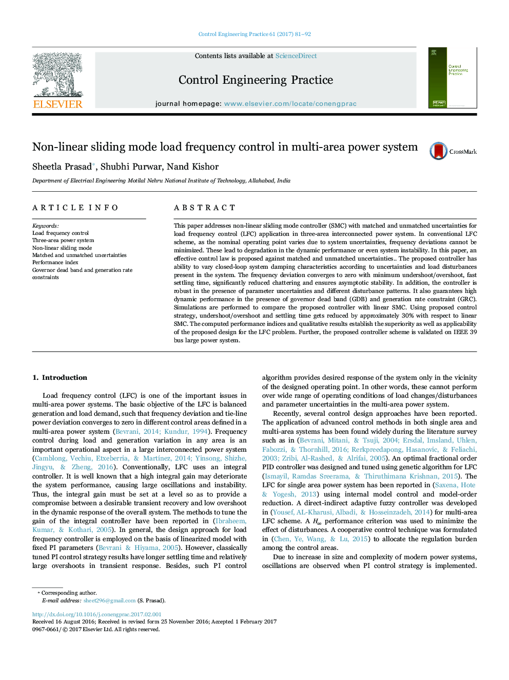 Non-linear sliding mode load frequency control in multi-area power system