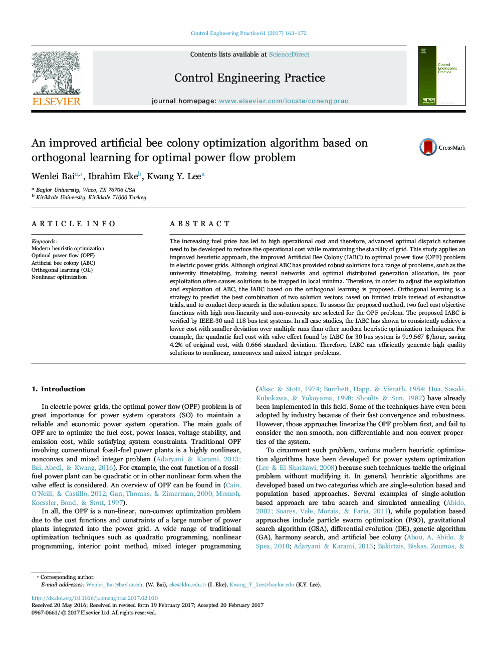 An improved artificial bee colony optimization algorithm based on orthogonal learning for optimal power flow problem