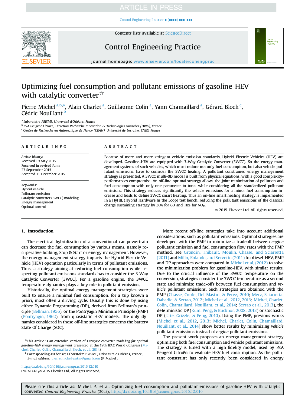 Optimizing fuel consumption and pollutant emissions of gasoline-HEV with catalytic converter