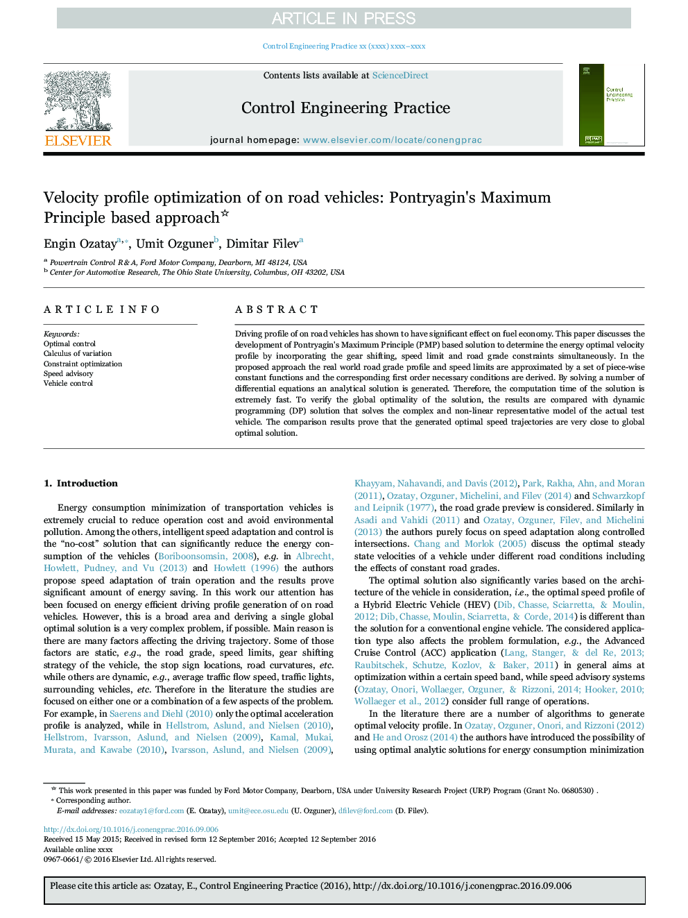 Velocity profile optimization of on road vehicles: Pontryagin's Maximum Principle based approach