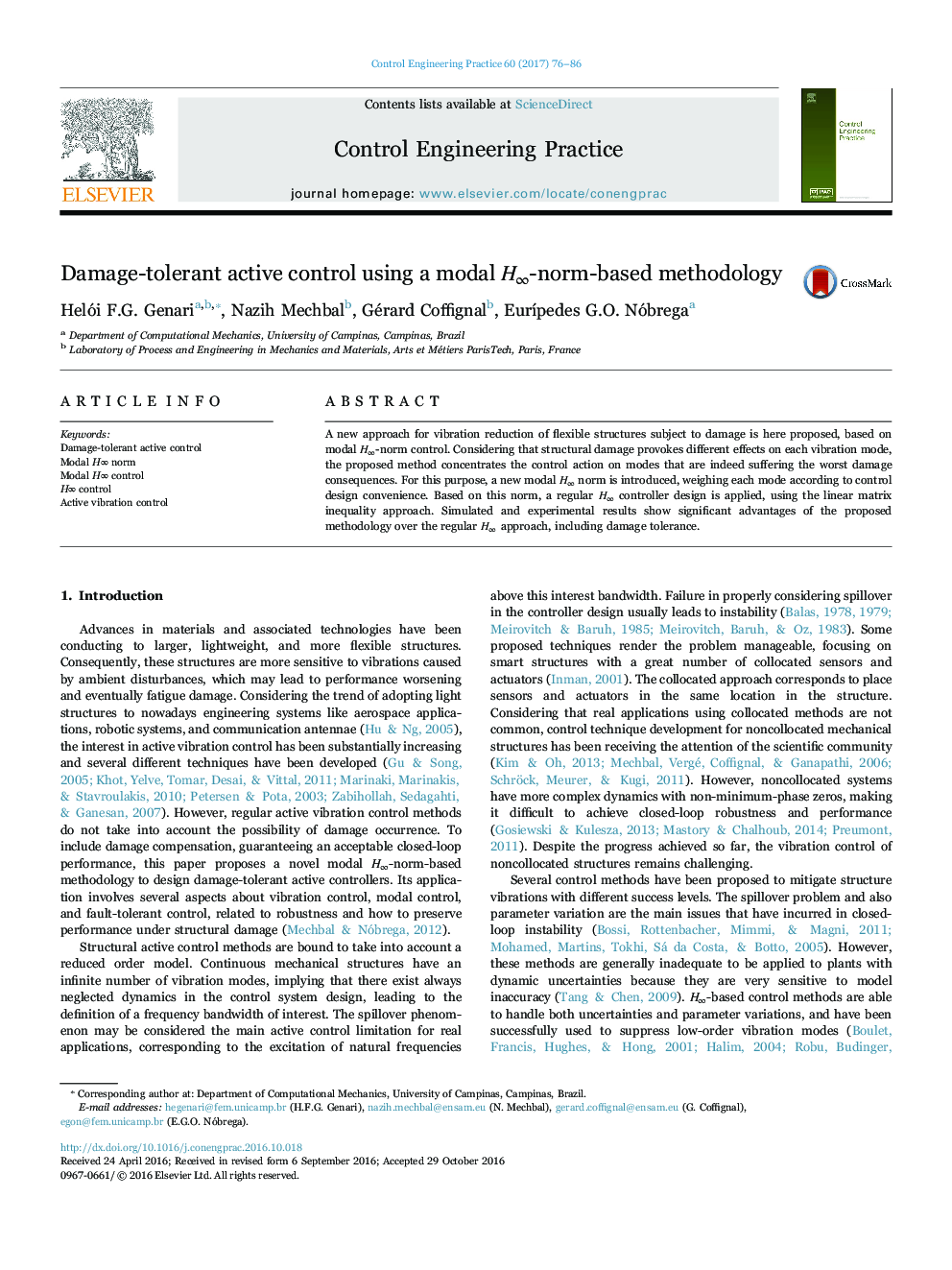 Damage-tolerant active control using a modal Hâ-norm-based methodology