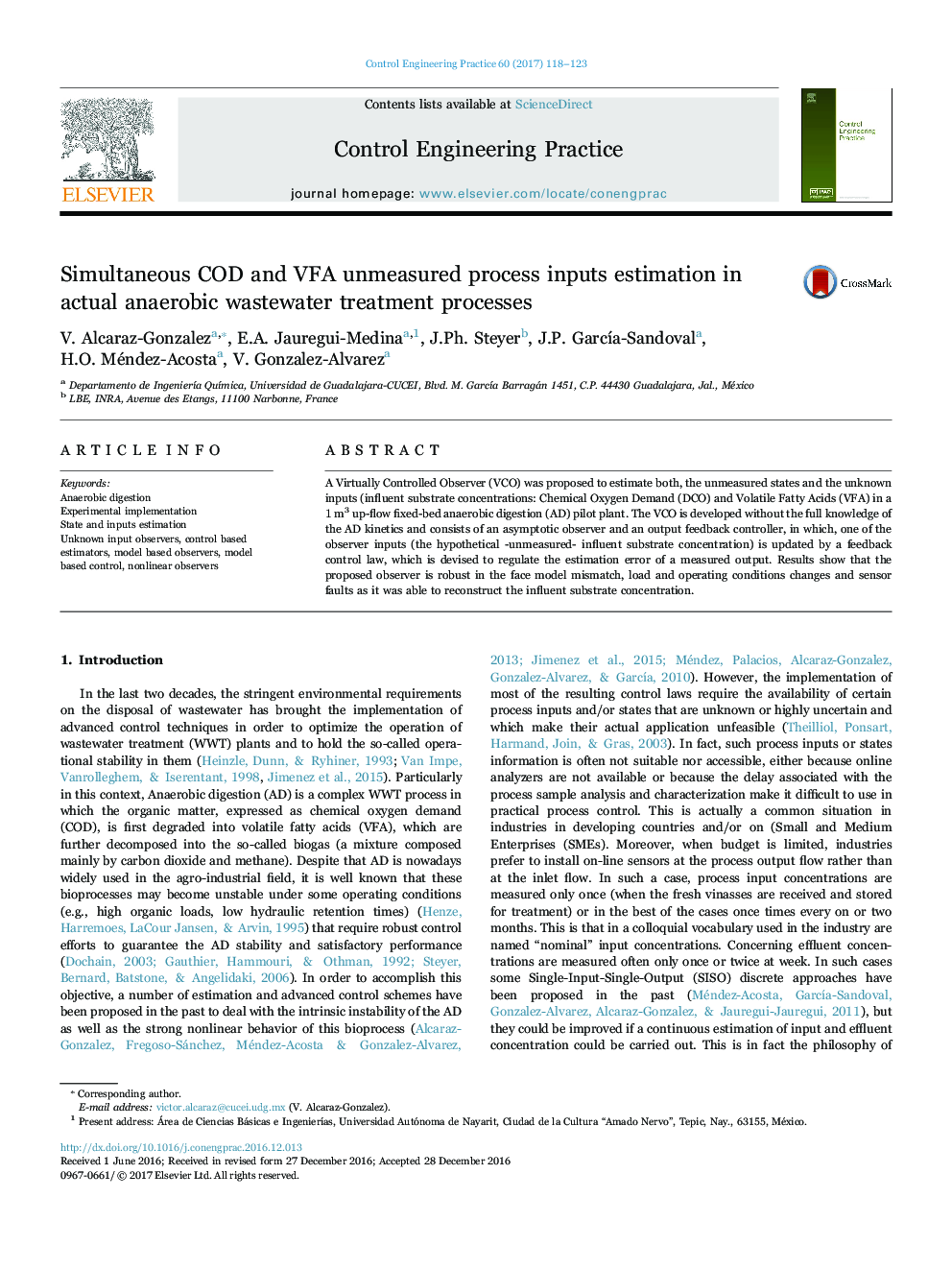 Simultaneous COD and VFA unmeasured process inputs estimation in actual anaerobic wastewater treatment processes