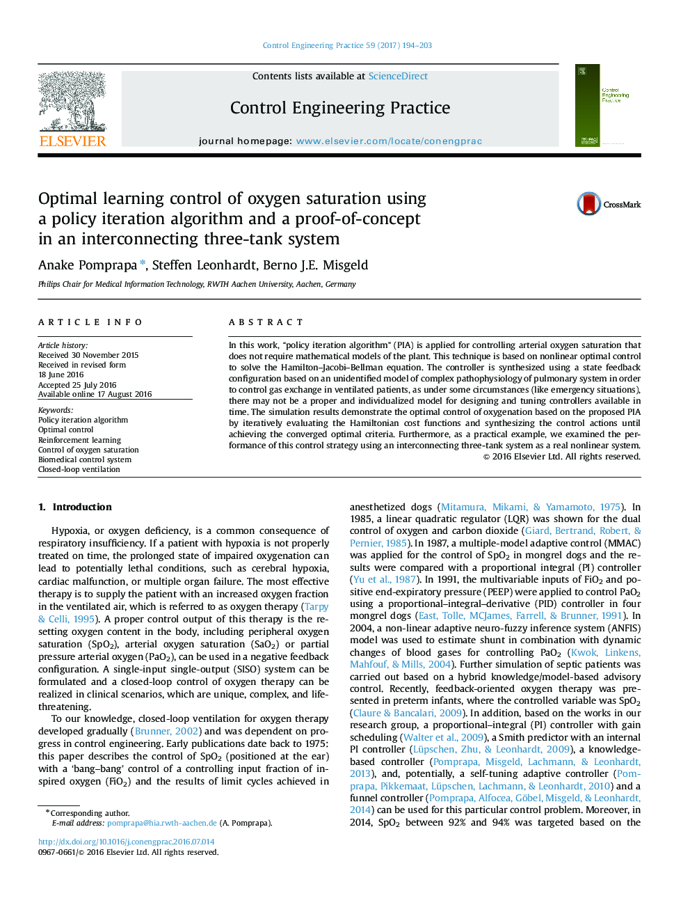 Optimal learning control of oxygen saturation using a policy iteration algorithm and a proof-of-concept in an interconnecting three-tank system