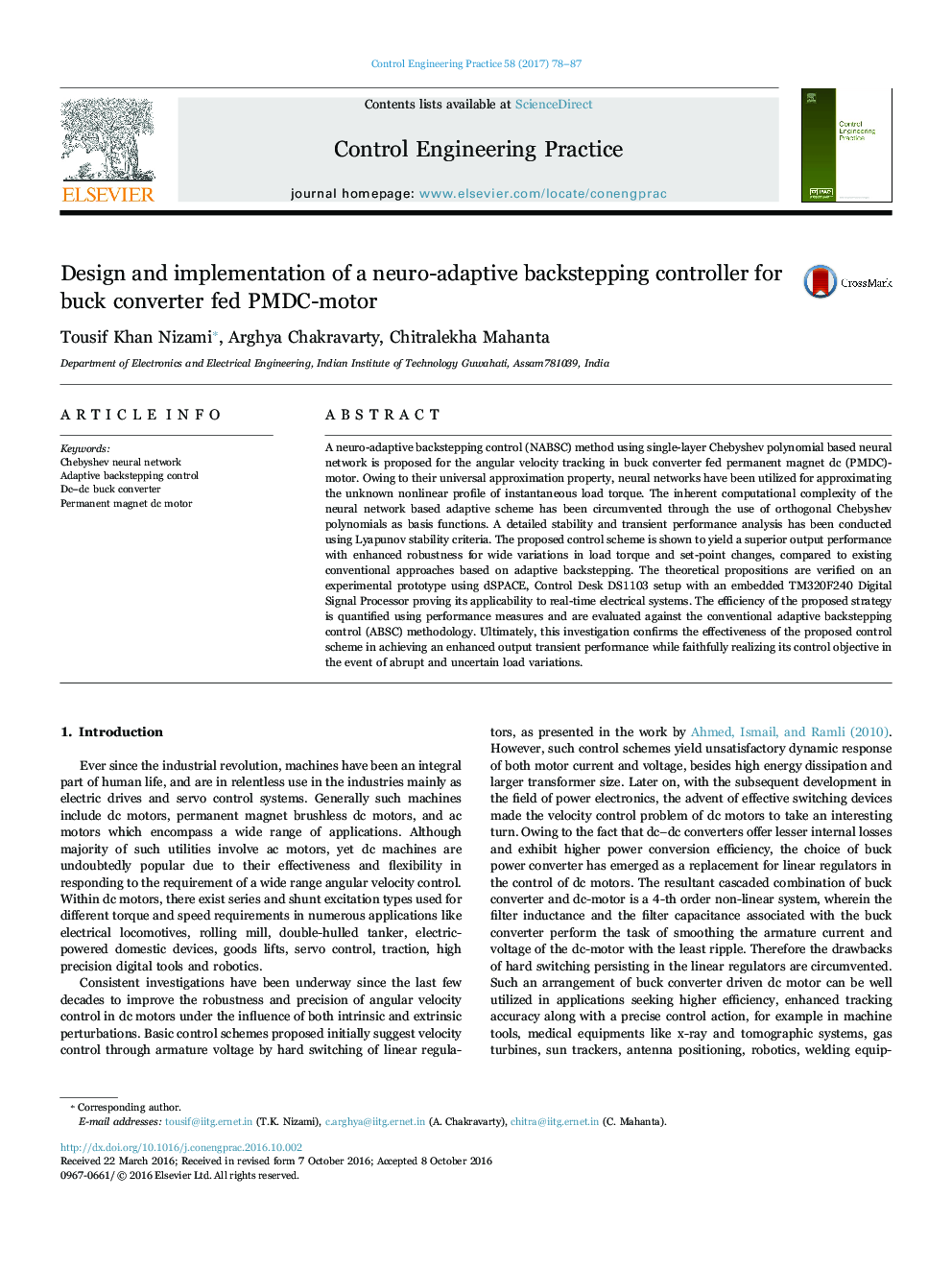 Design and implementation of a neuro-adaptive backstepping controller for buck converter fed PMDC-motor