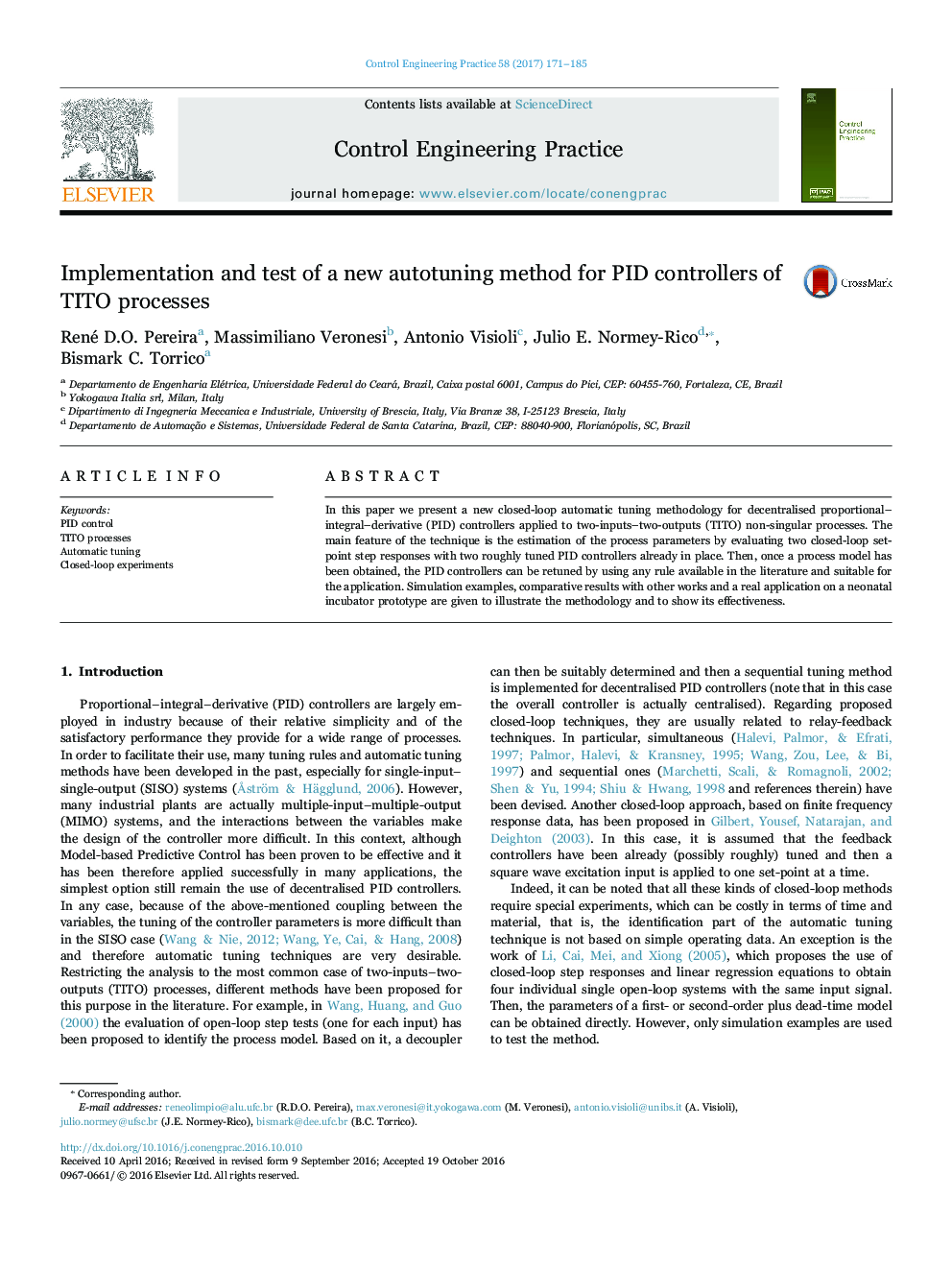 Implementation and test of a new autotuning method for PID controllers of TITO processes