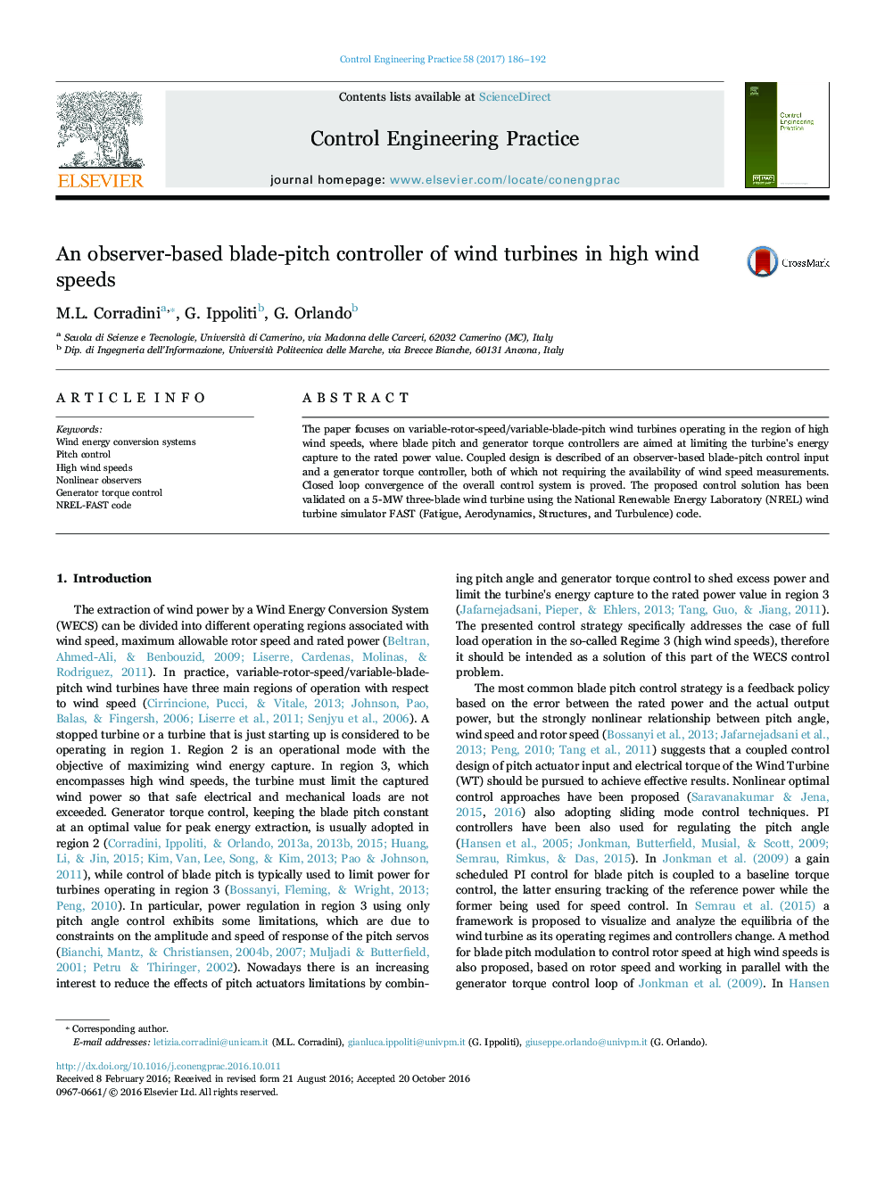 An observer-based blade-pitch controller of wind turbines in high wind speeds