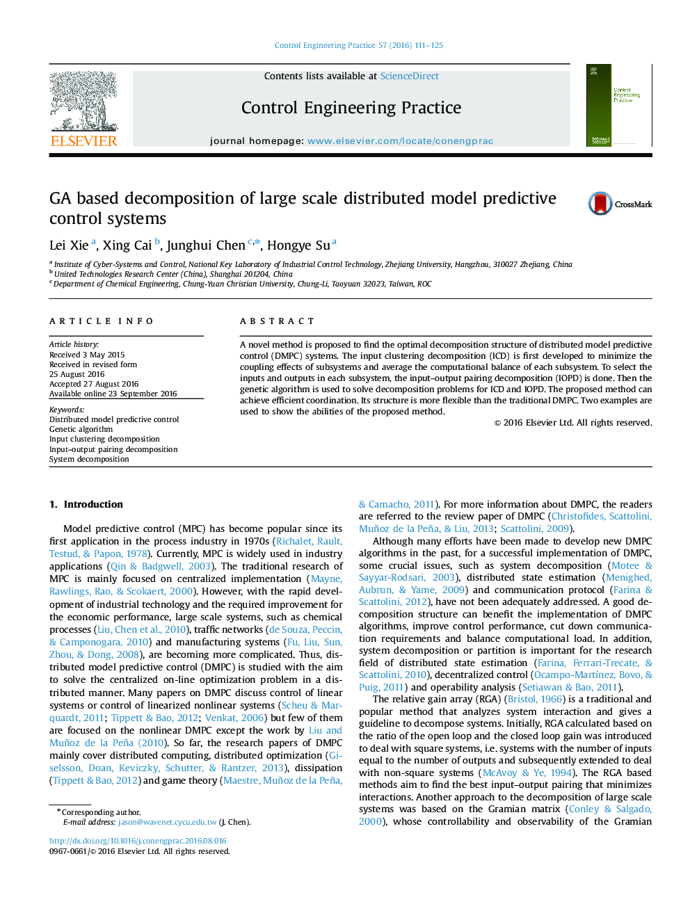 GA based decomposition of large scale distributed model predictive control systems